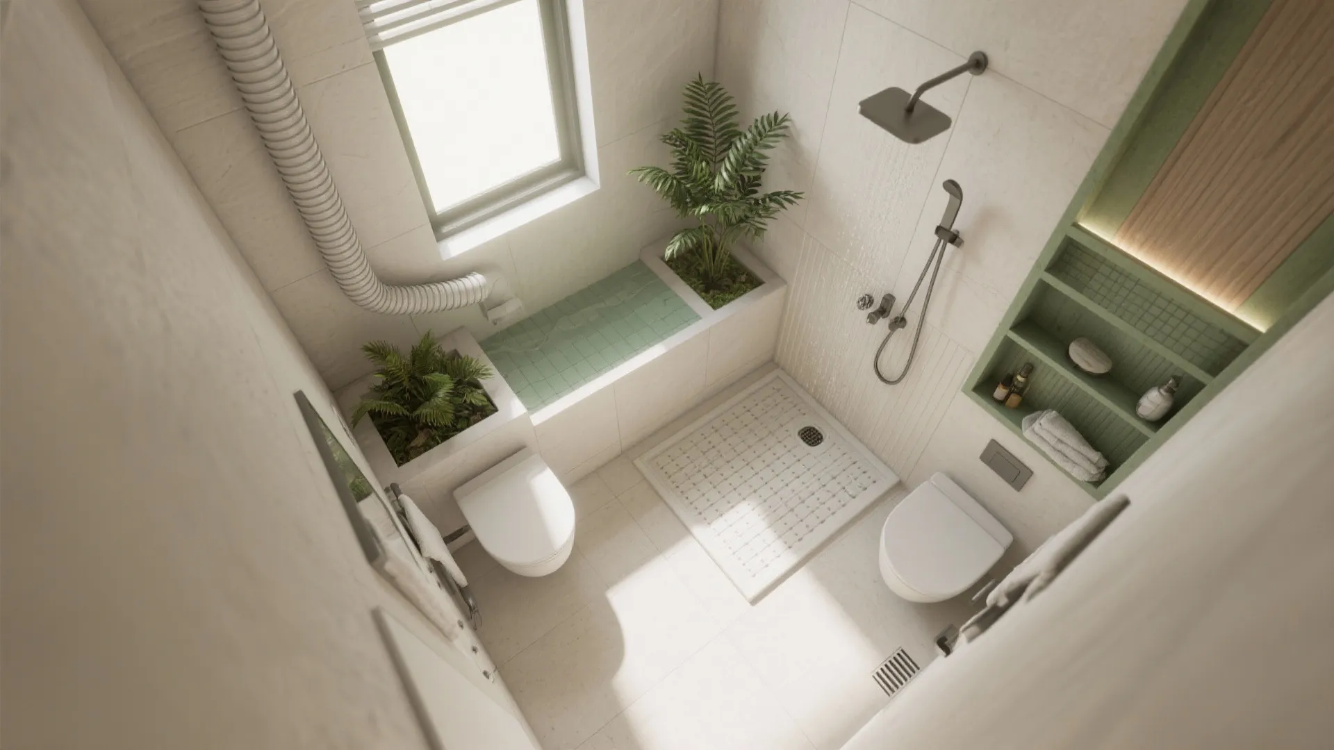 Top view of a small bathroom with white tiles green plants shower area and white toilet