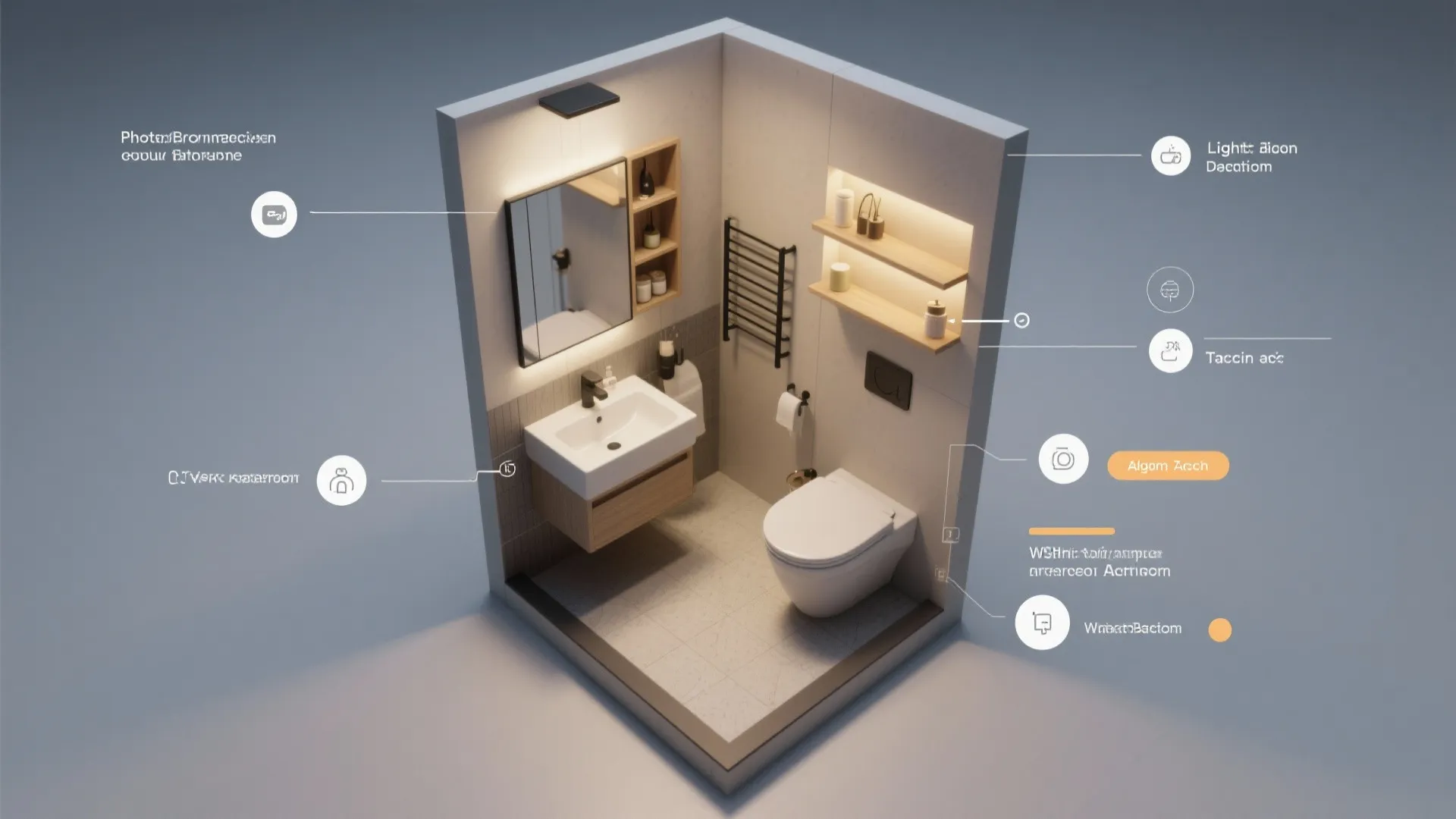 Top-down small bathroom layout showing vanity, shelving, and layered lighting zones