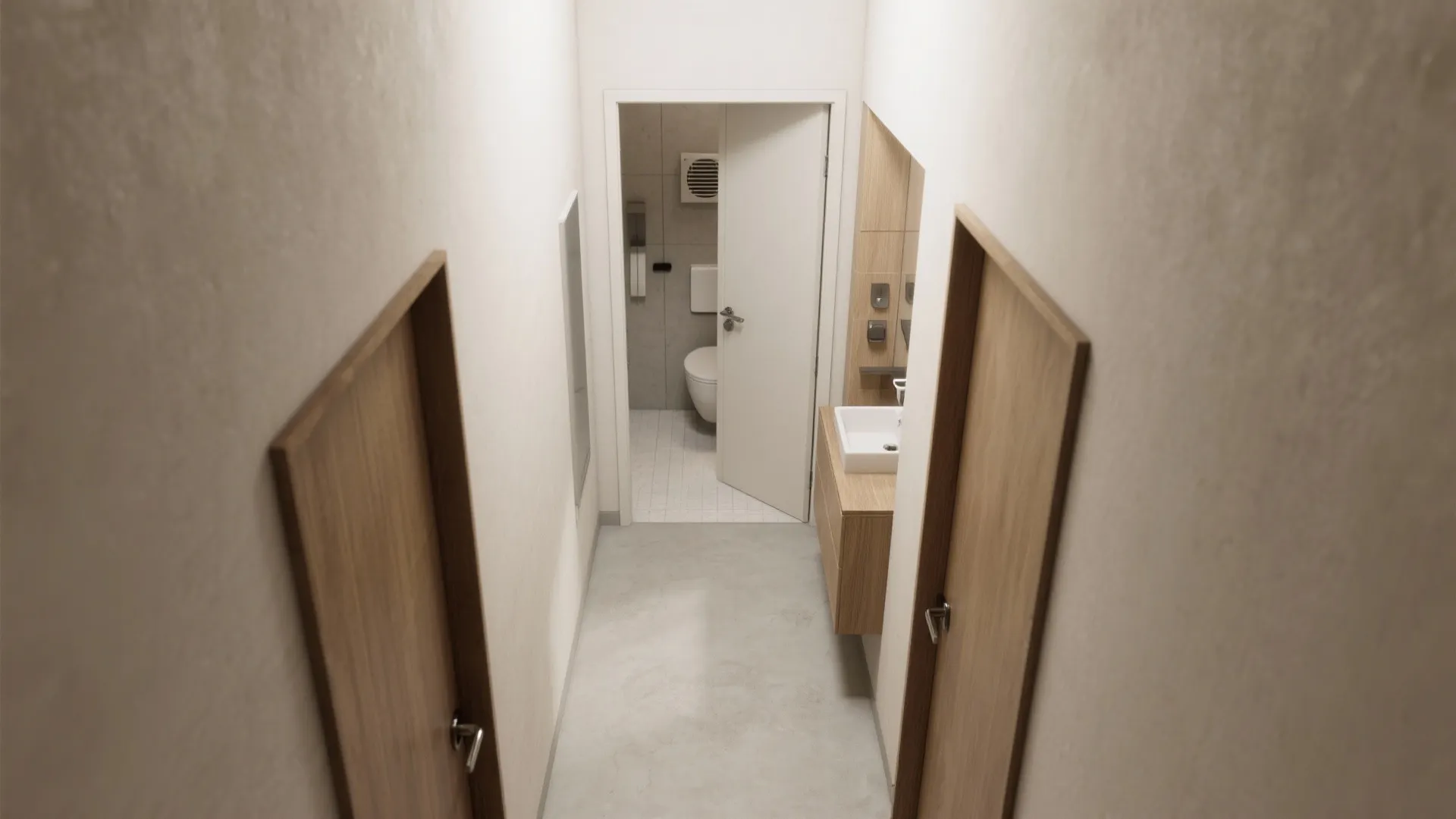 High angle view of narrow hallway with wood doors leading to a small white bathroom