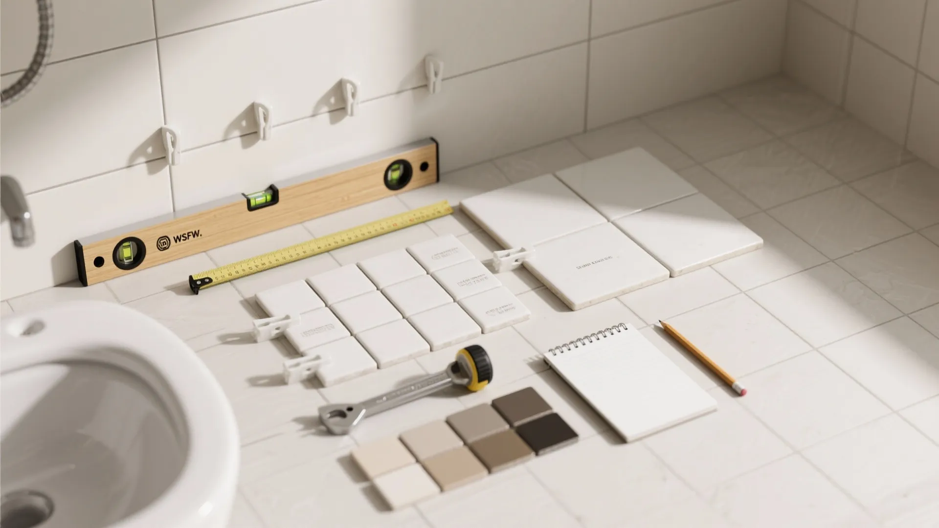 Tiling tools with measuring tape level ruler notepad pencil and white tiles on bathroom floor