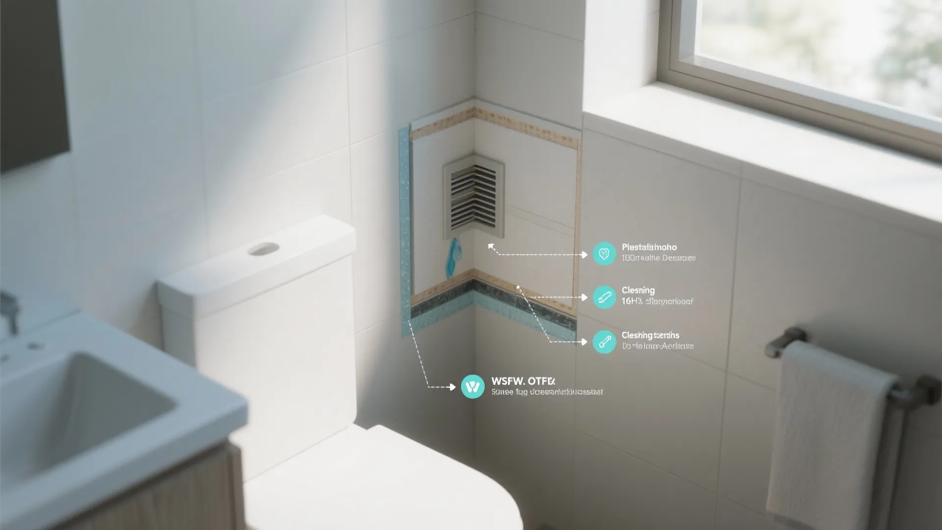 Interior design drawing showing bathroom wall structure with white toilet and sink beside a bright window