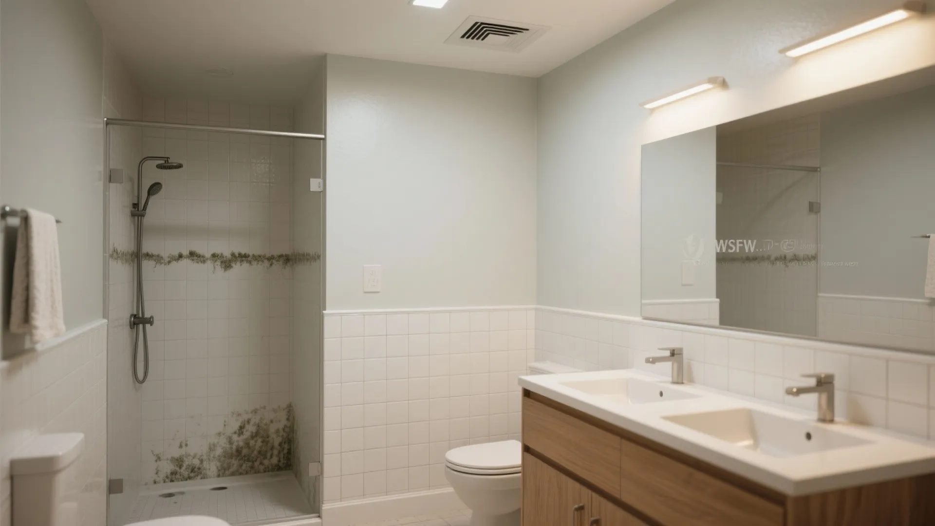 Bathroom interior design drawing showing shower with mold white toilet double sink vanity and mirror