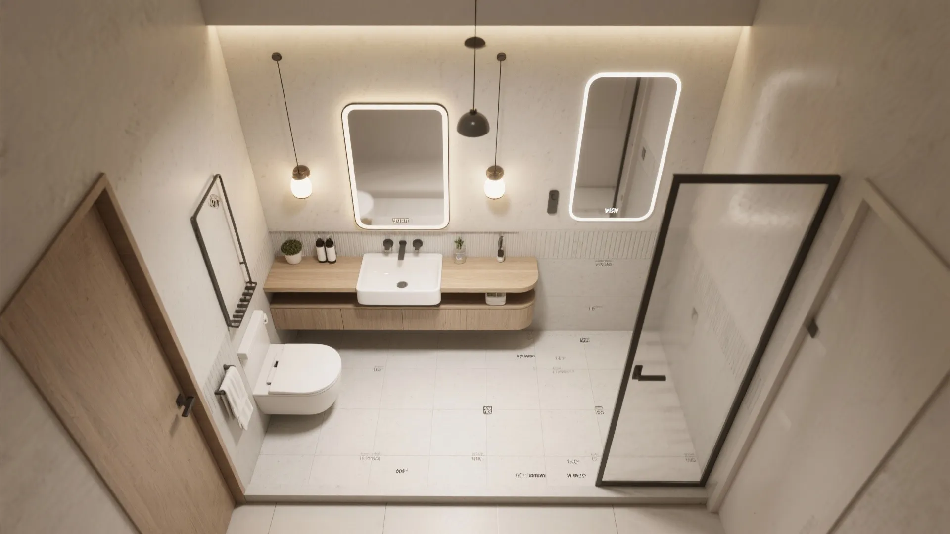 Top view interior design drawing of bathroom with toilet sink shower area and wall lights