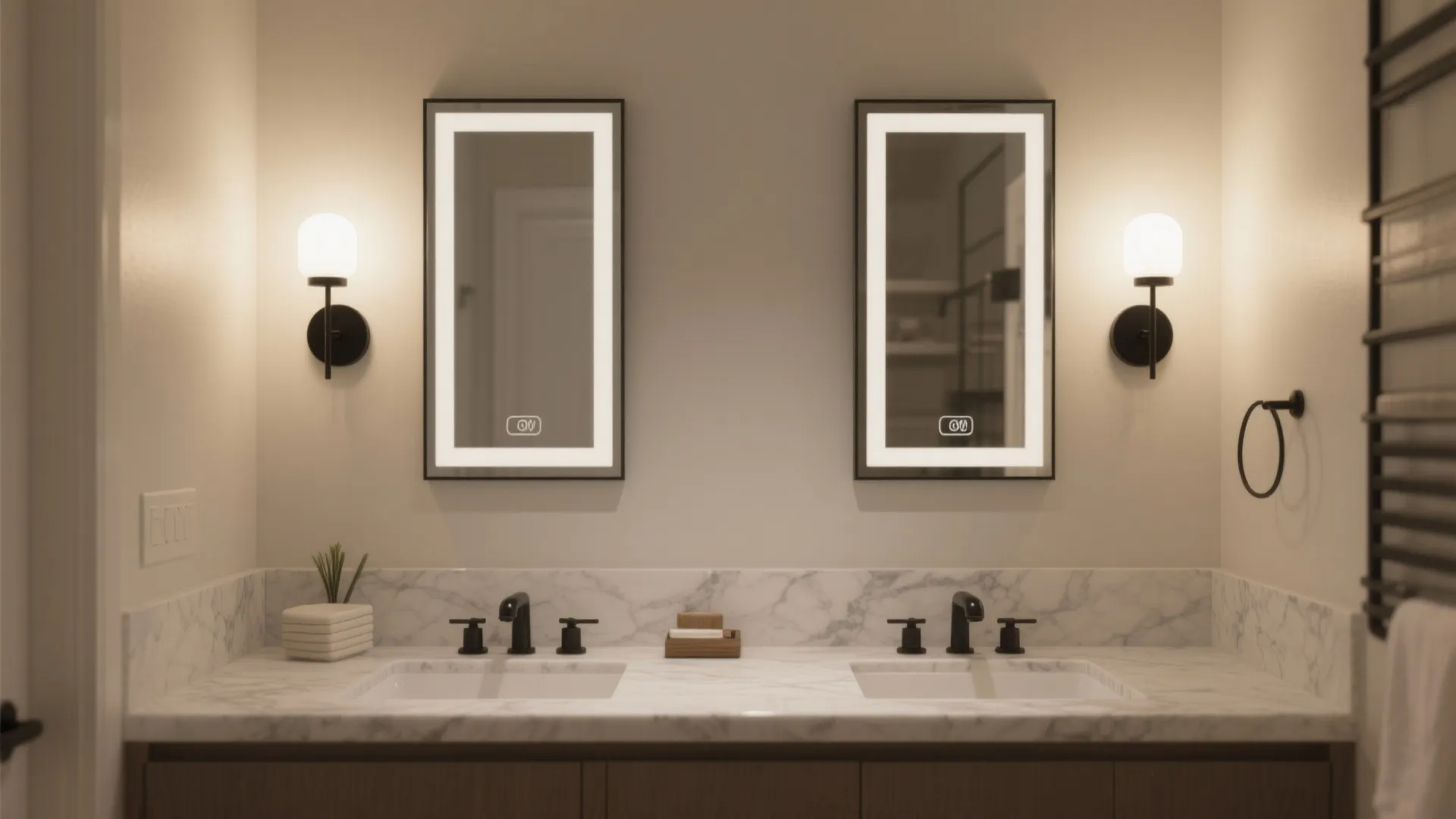 5. Black sconce pairs flanking mirrors for bathrooms