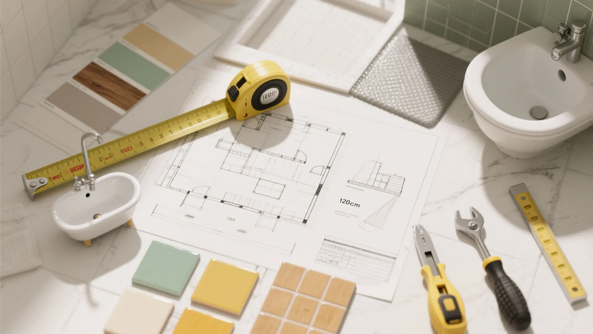 Bathroom renovation mood board with floor plan, yellow measuring tape, colorful tiles, and small tools