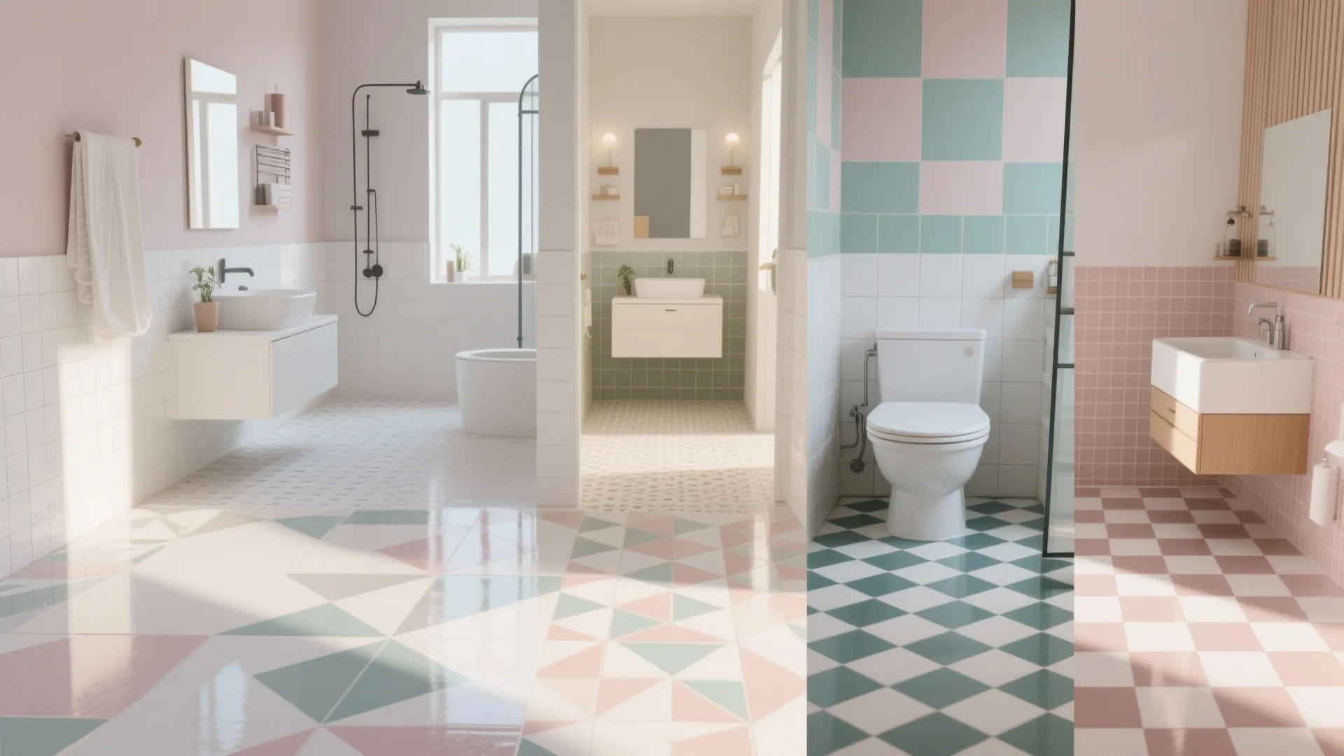 Modern bathroom design with colorful geometric floor tiles pink walls white sink and toilet layout
