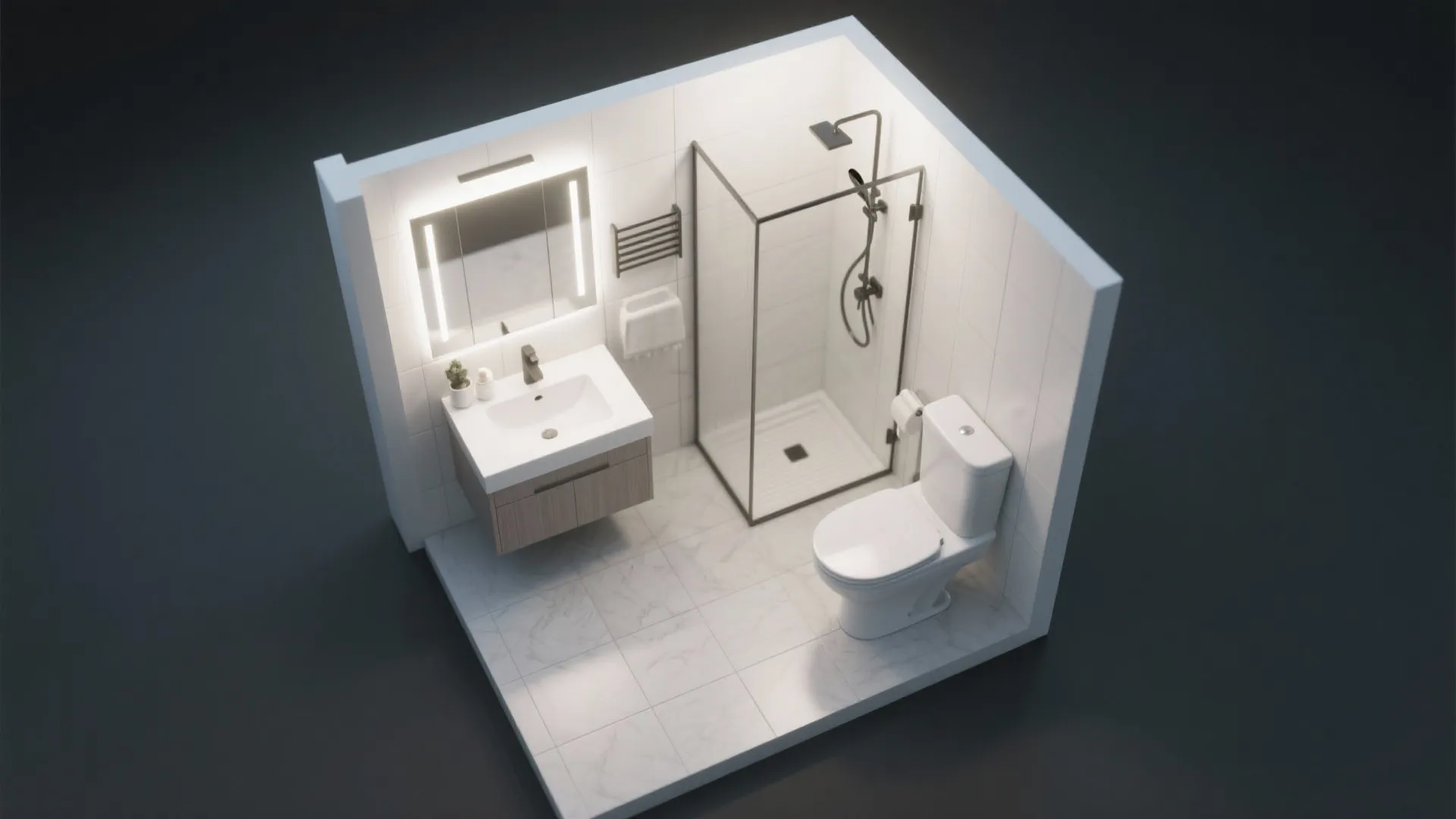 Top-down floor plan of a compact 8x6 bathroom layout