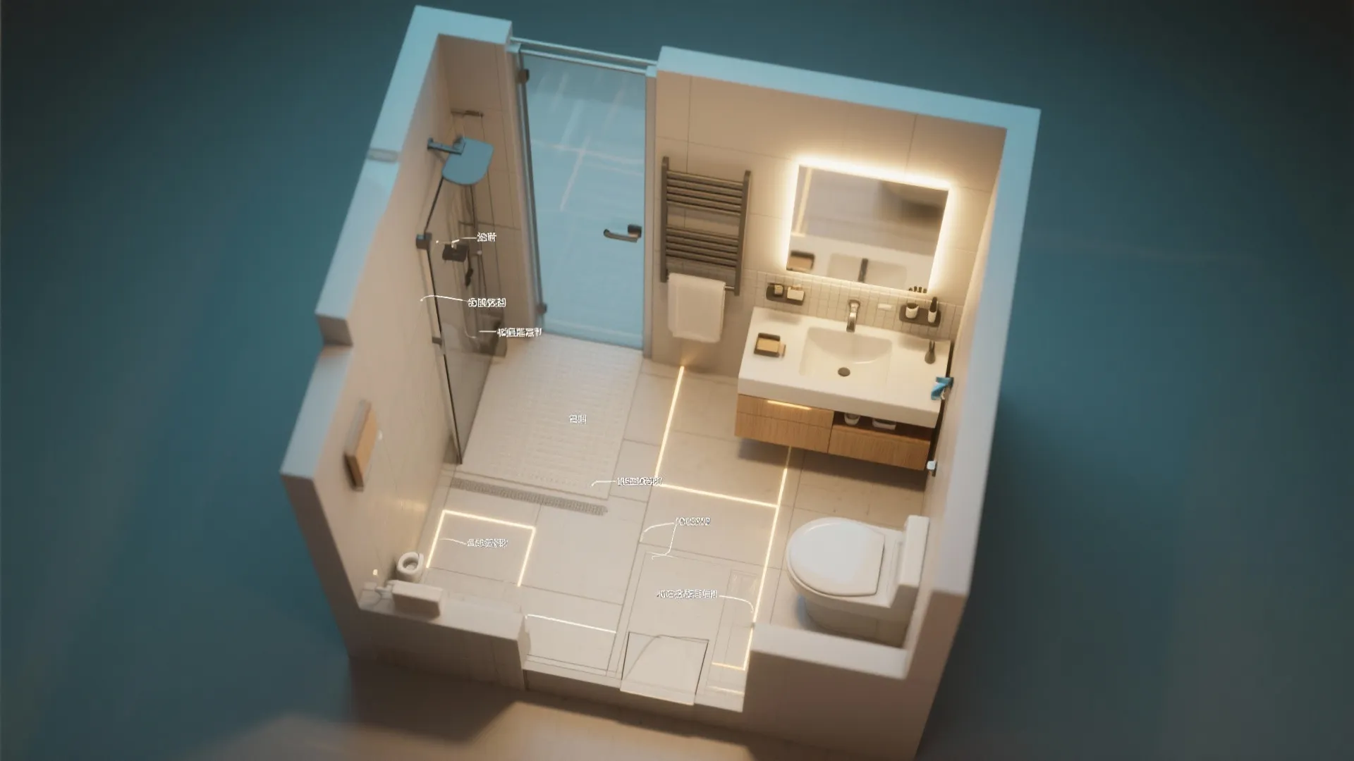 Top-down 3D floor plan of a small bathroom showing mirror placement, ventilation, and layered lighting zones.