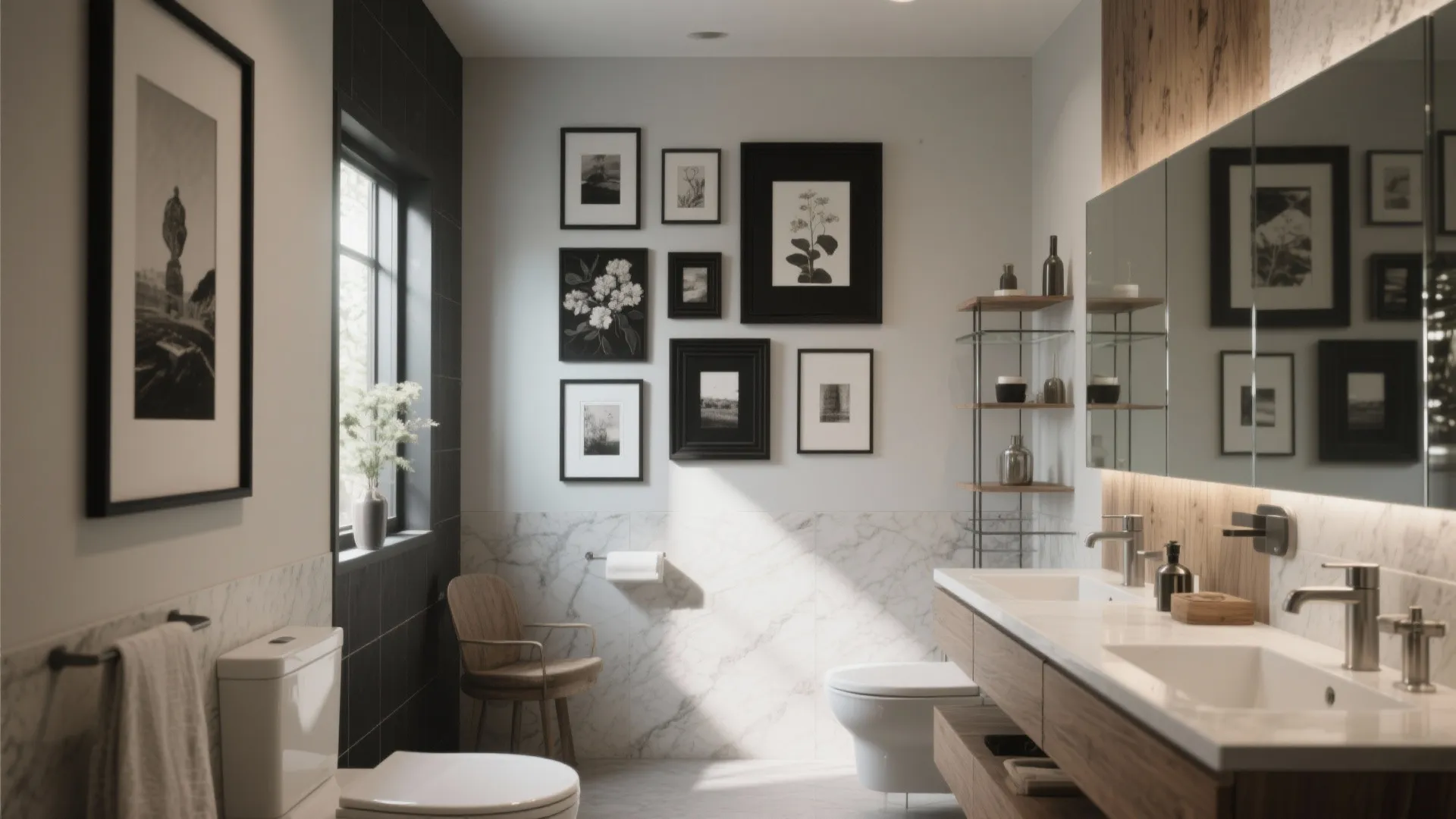 Modern bathroom with white marble walls black picture frames double sink vanity and wooden accent chair