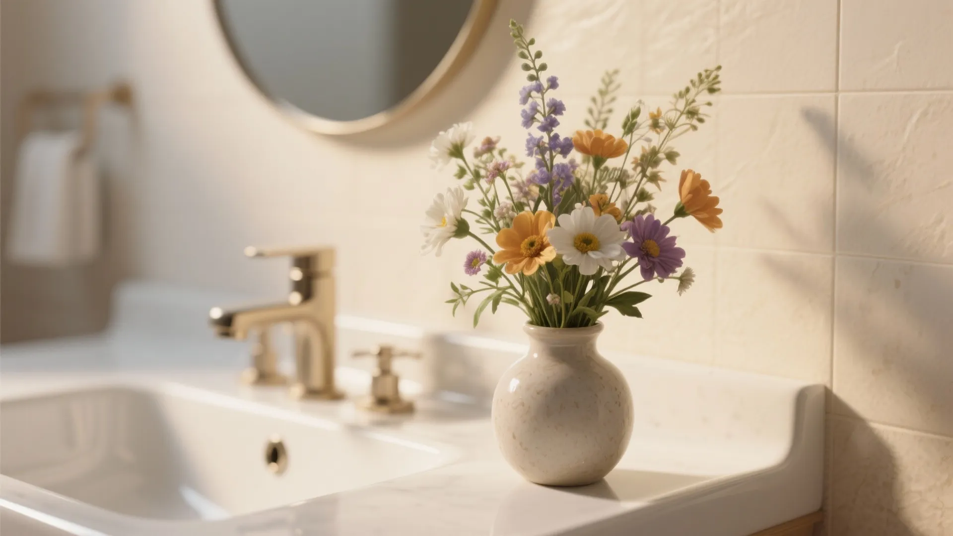 Colorful flowers in a small white vase on a bathroom counter with a gold faucet