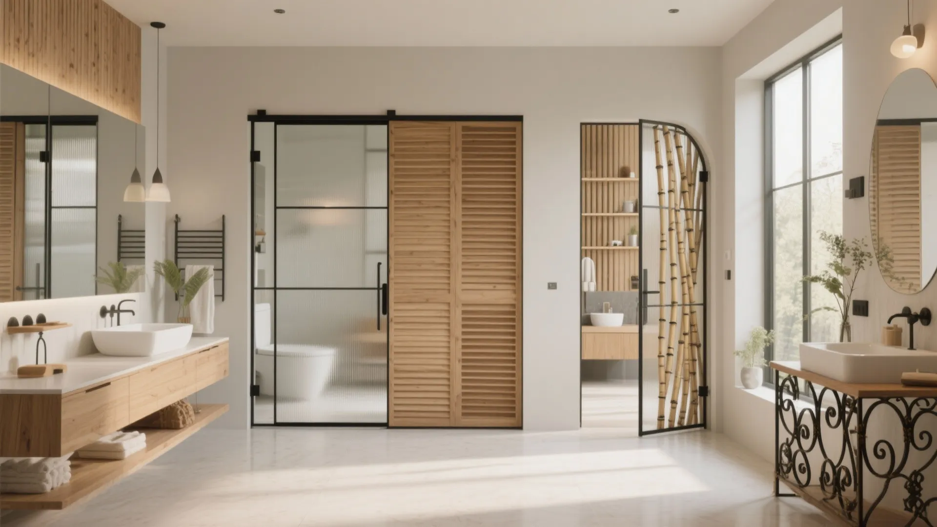Modern bathroom with wooden cabinet white sink glass sliding door and a decorative bamboo gate