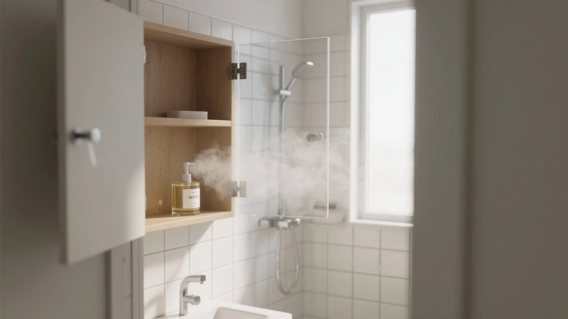 Bathroom wooden cabinet with spray bottle releasing mist near white wall tiles and a shower
