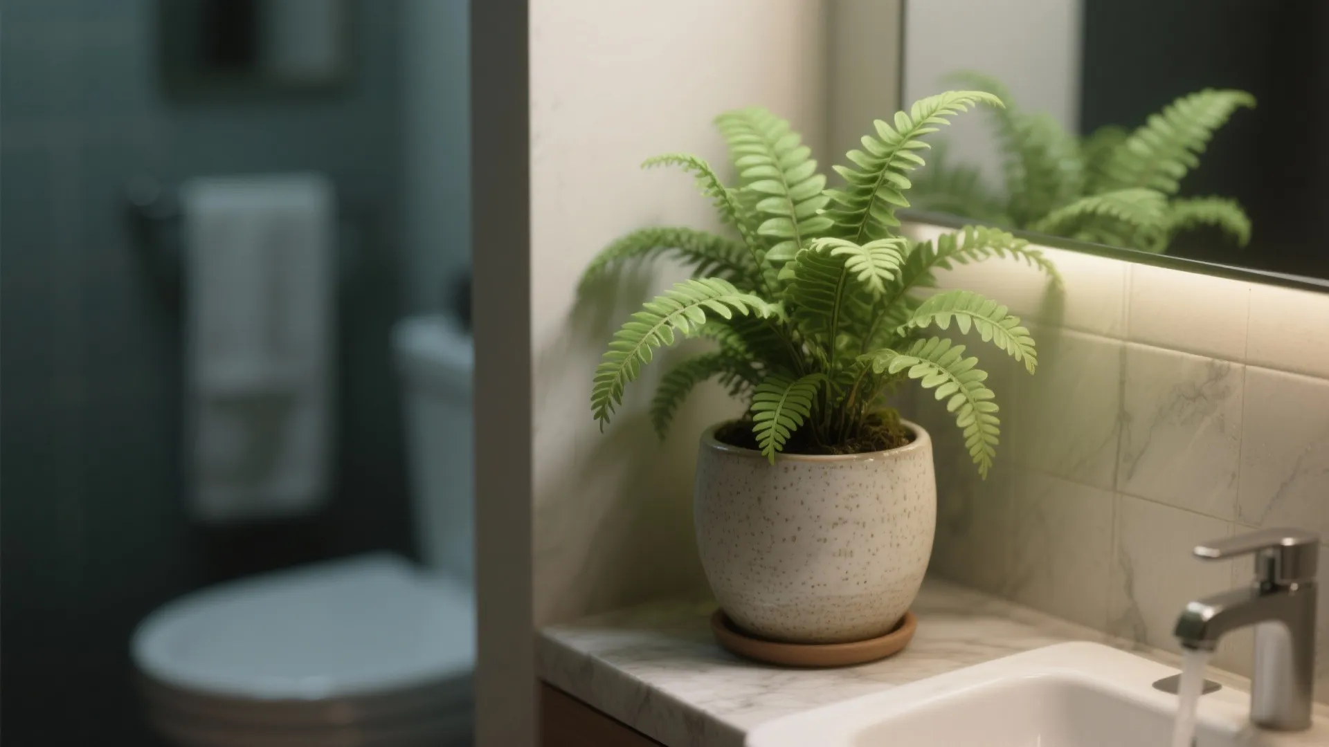 Green fern plant in ceramic pot placed on marble bathroom counter next to white sink