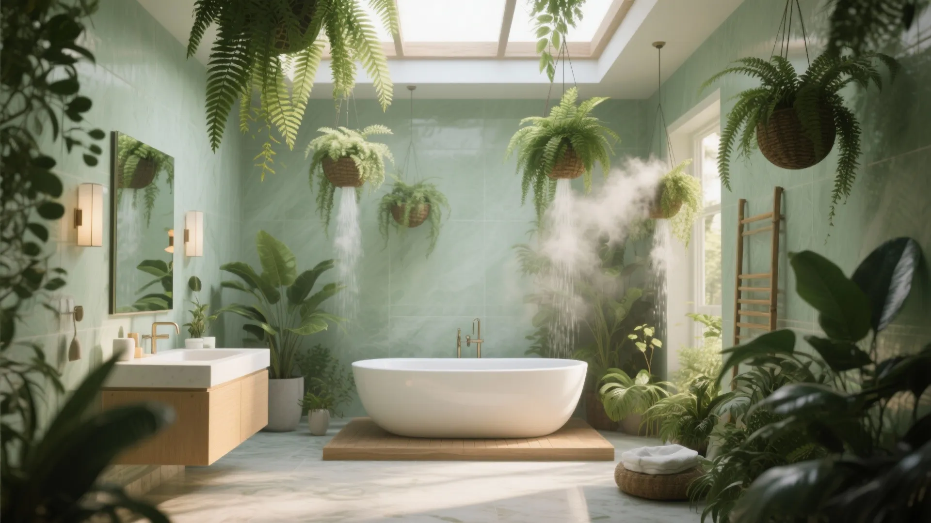 High ceiling bathroom with hanging ferns and lush greenery