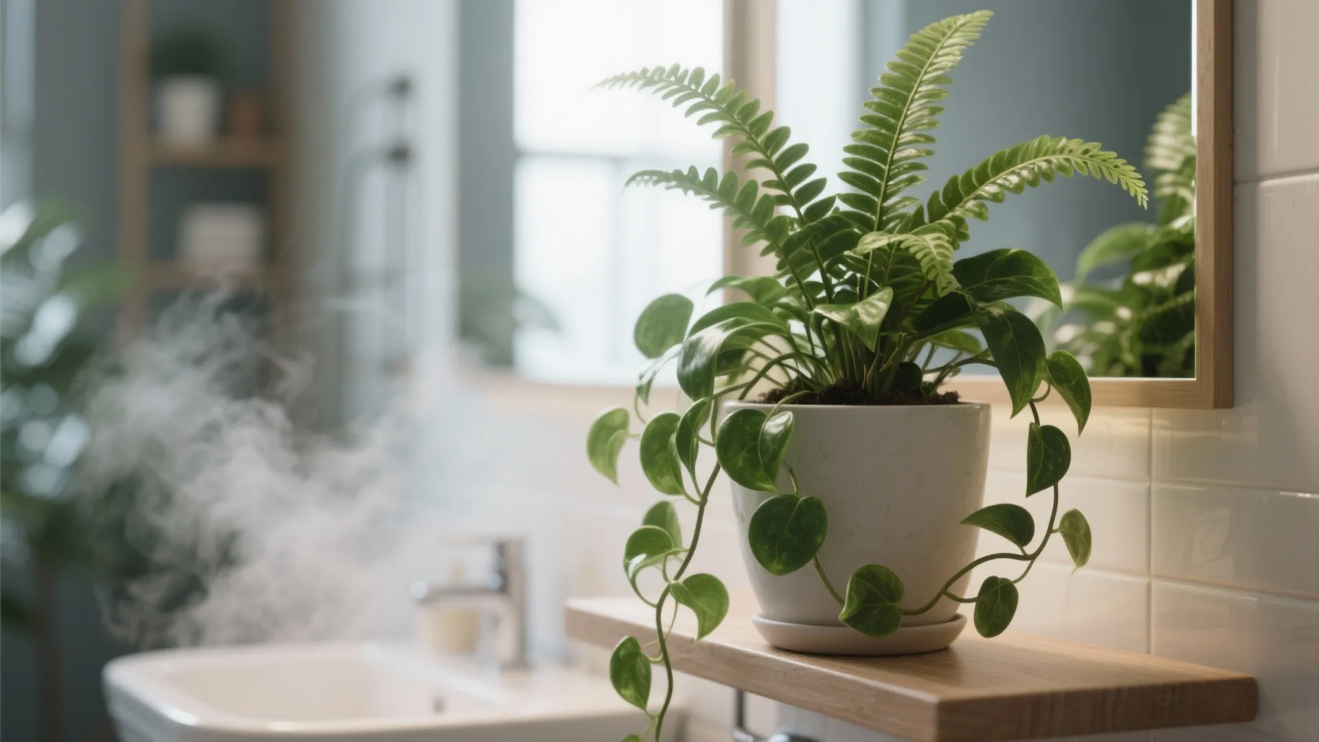 Green potted plant on a wooden shelf in a bright bathroom with a white sink