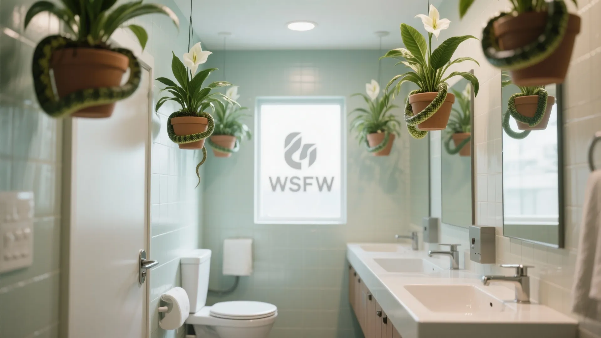 Bathroom with hanging snake plants and peace lilies