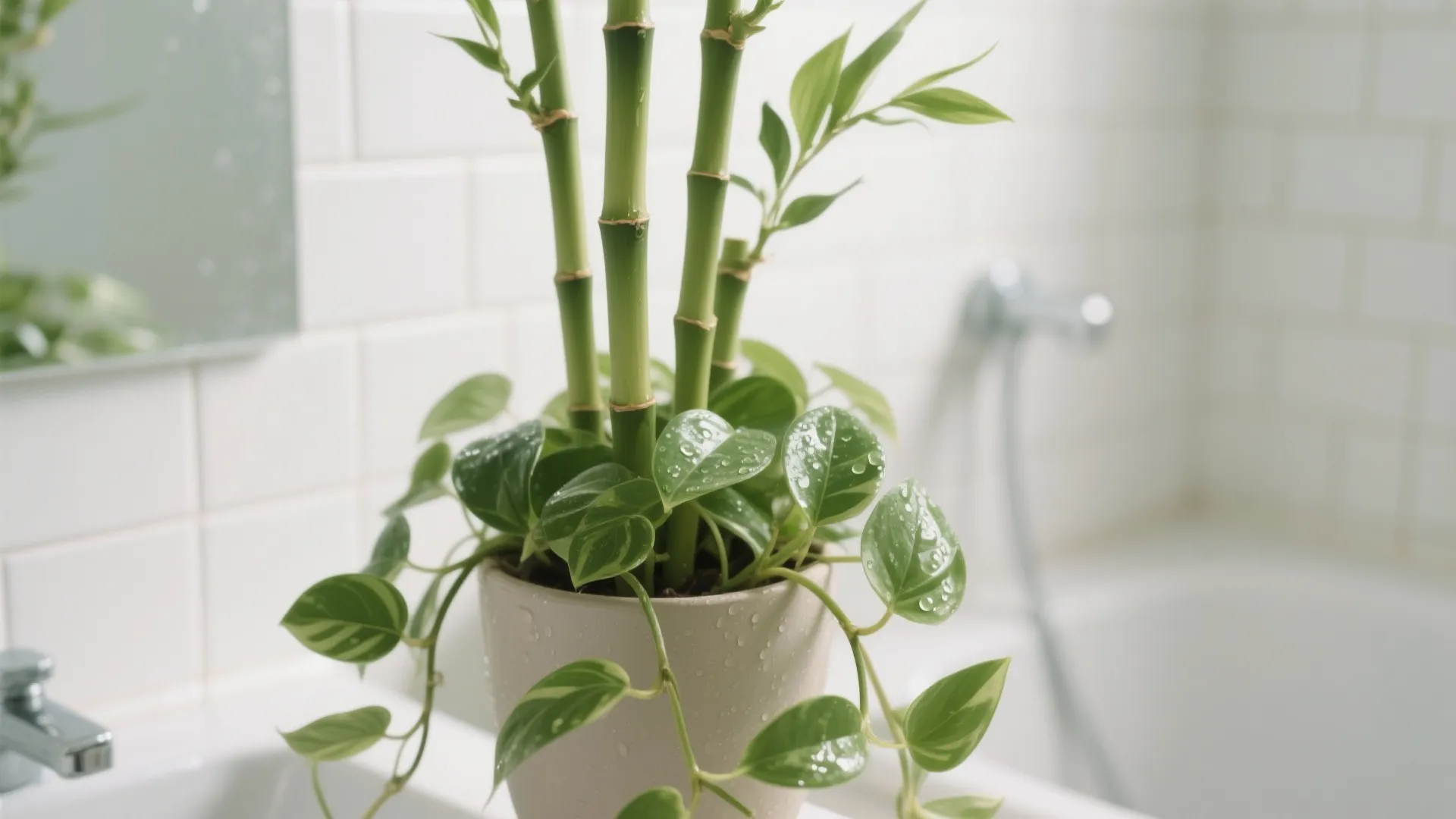 Close up of green plants in a pot with water drops near a bathroom sink area