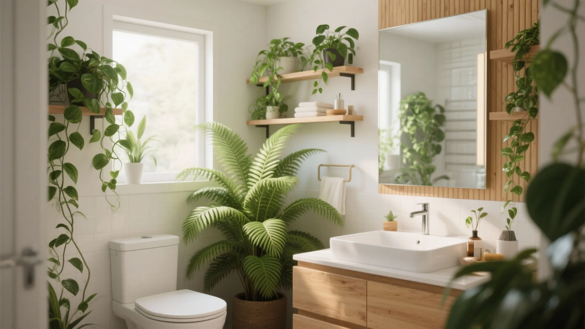 Bright bathroom filled with many green potted plants, wooden cabinet with sink, and large mirror