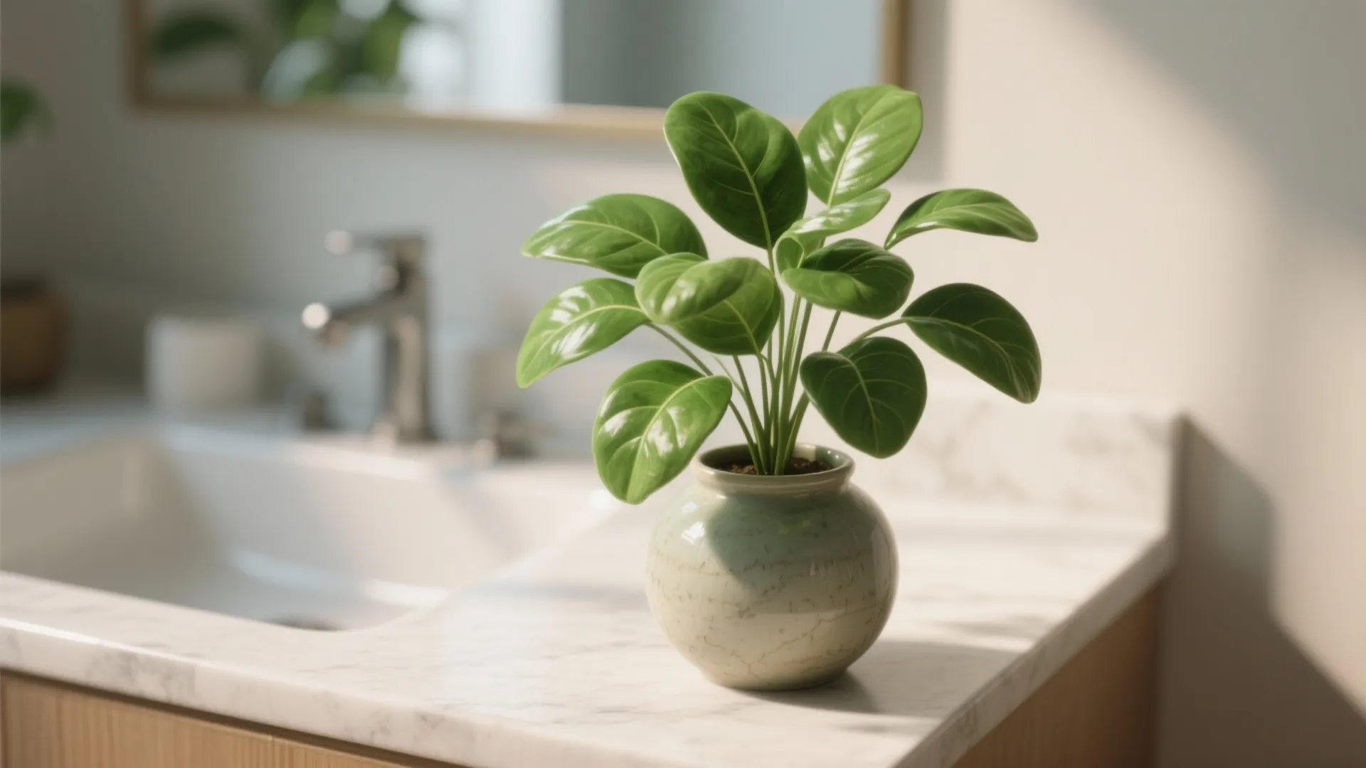 Fresh greenery adds life to a neutral bathroom