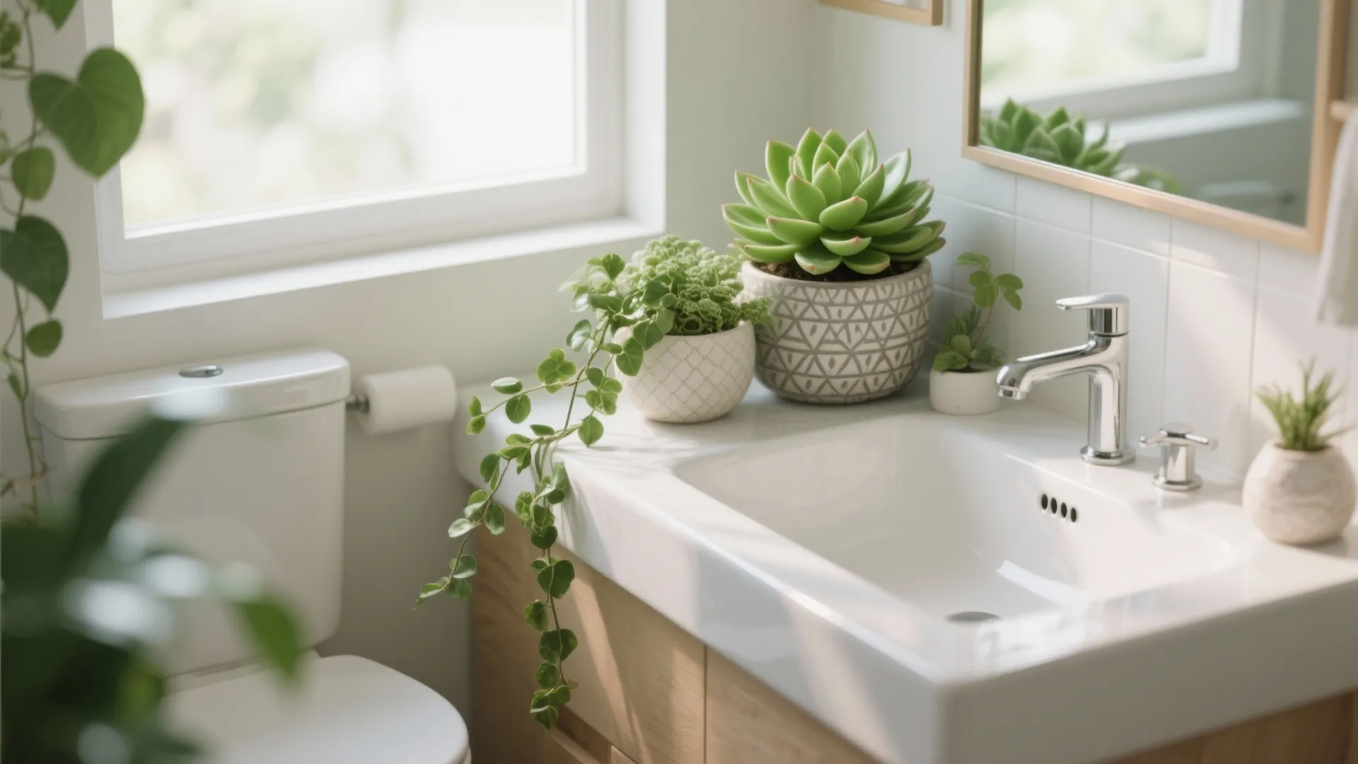 Bright bathroom with green plants on a white counter next to a sink and toilet