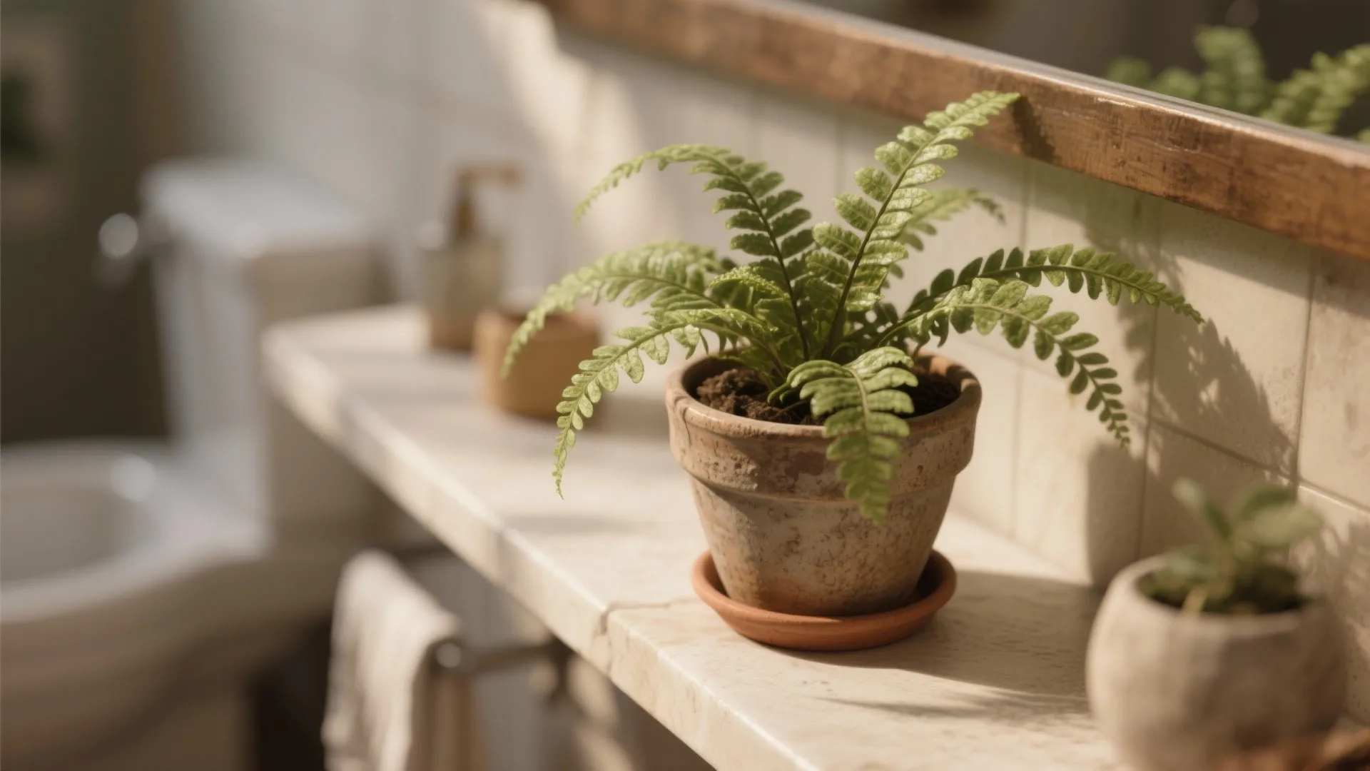 Potted fern adding greenery to a rustic bathroom