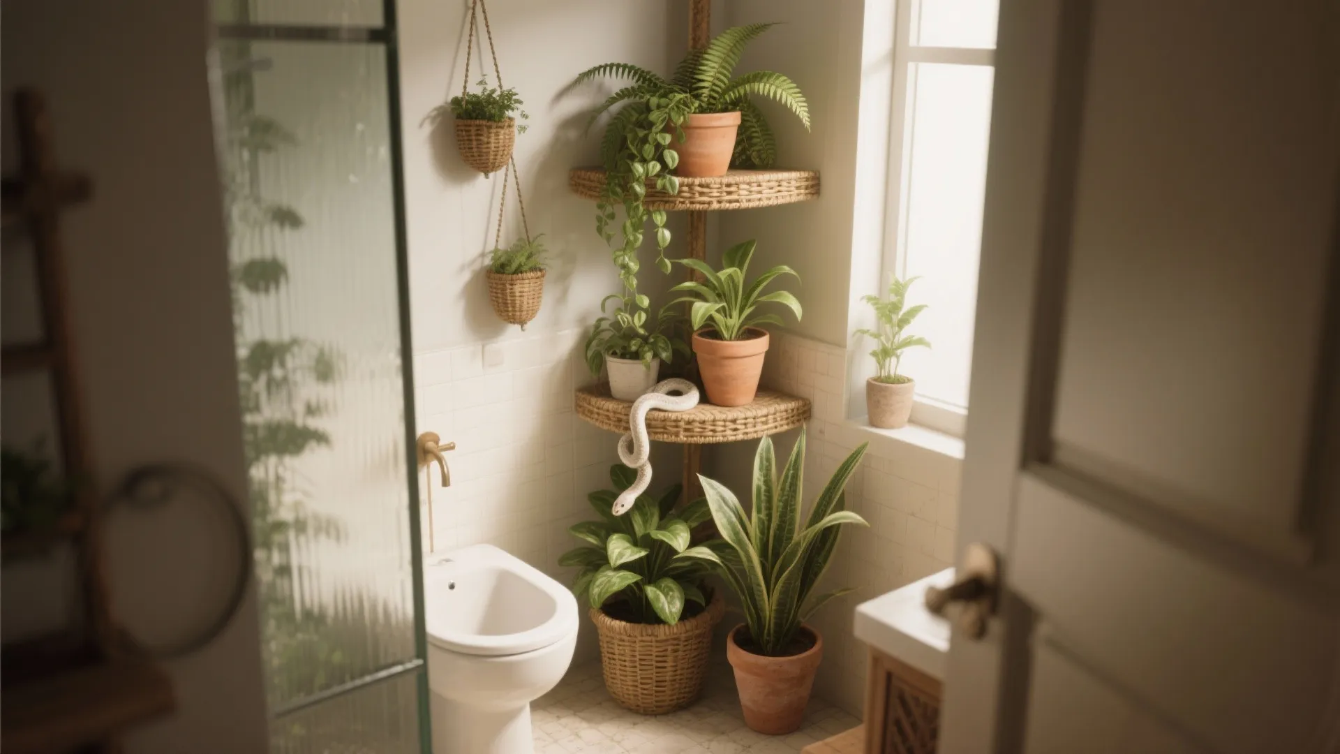 Small white bathroom corner filled with various green potted plants on shelves near a window