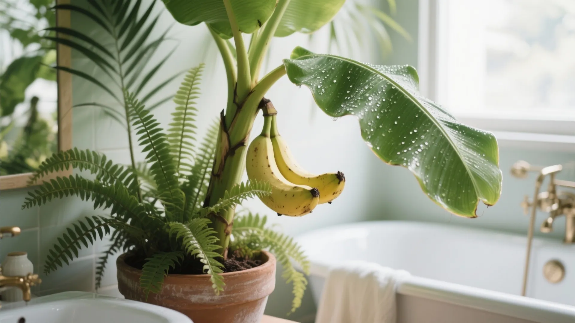 Close-up of vibrant tropical plants in a bathroom setting
