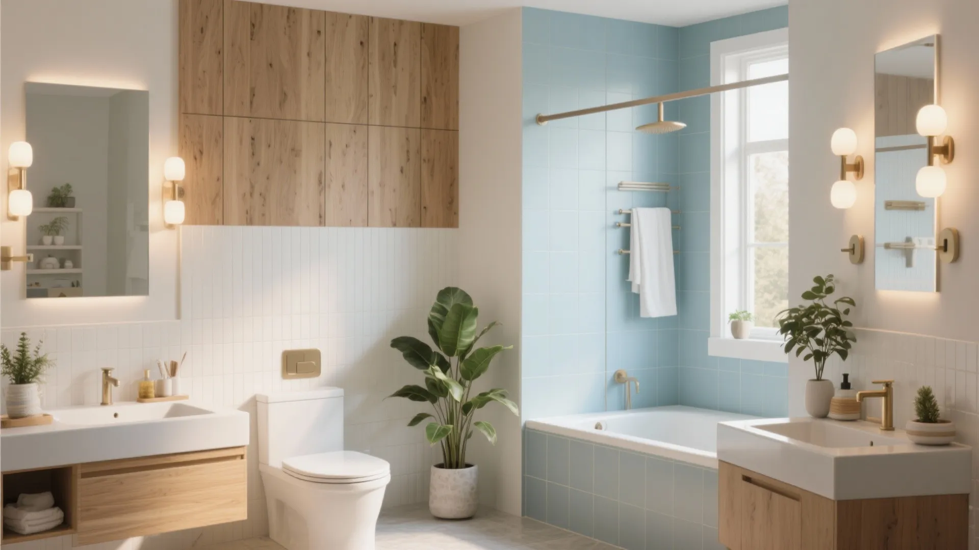 Modern bathroom with wood wall panel white toilet light blue tiles bathtub and two vanities