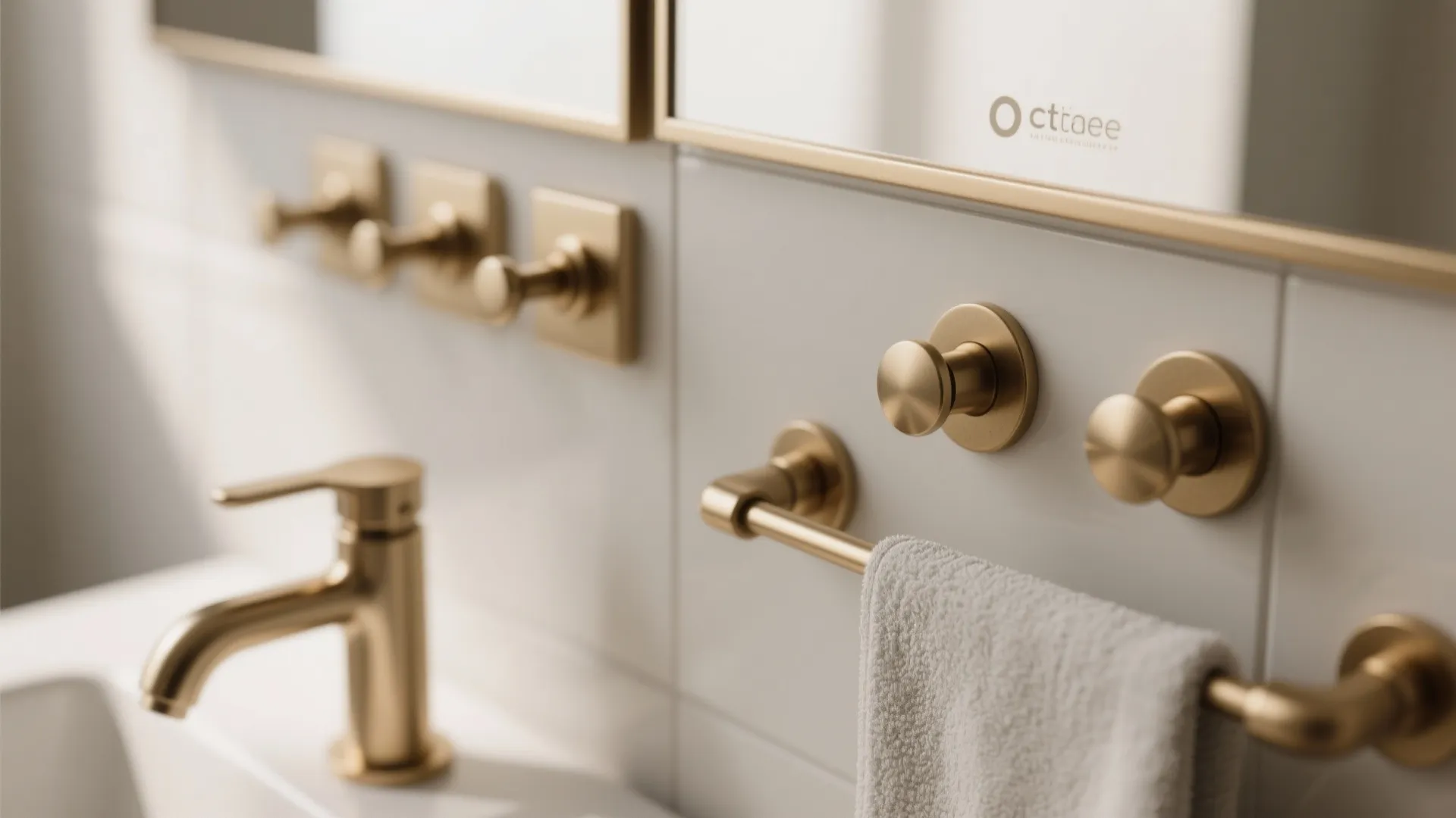 Close up of gold bathroom faucet with matching towel bar and wall hooks on white tiles