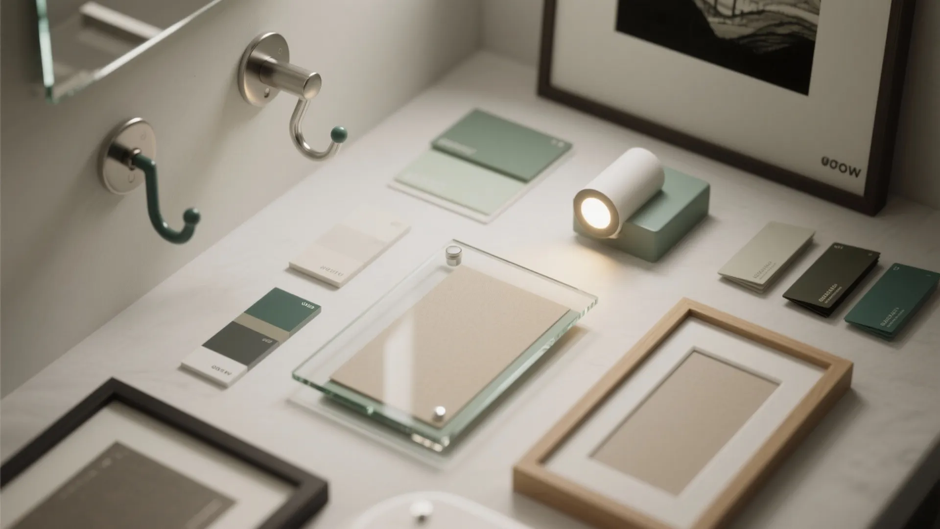 Modern bathroom hardware and green color paint samples arranged on a white table with frames