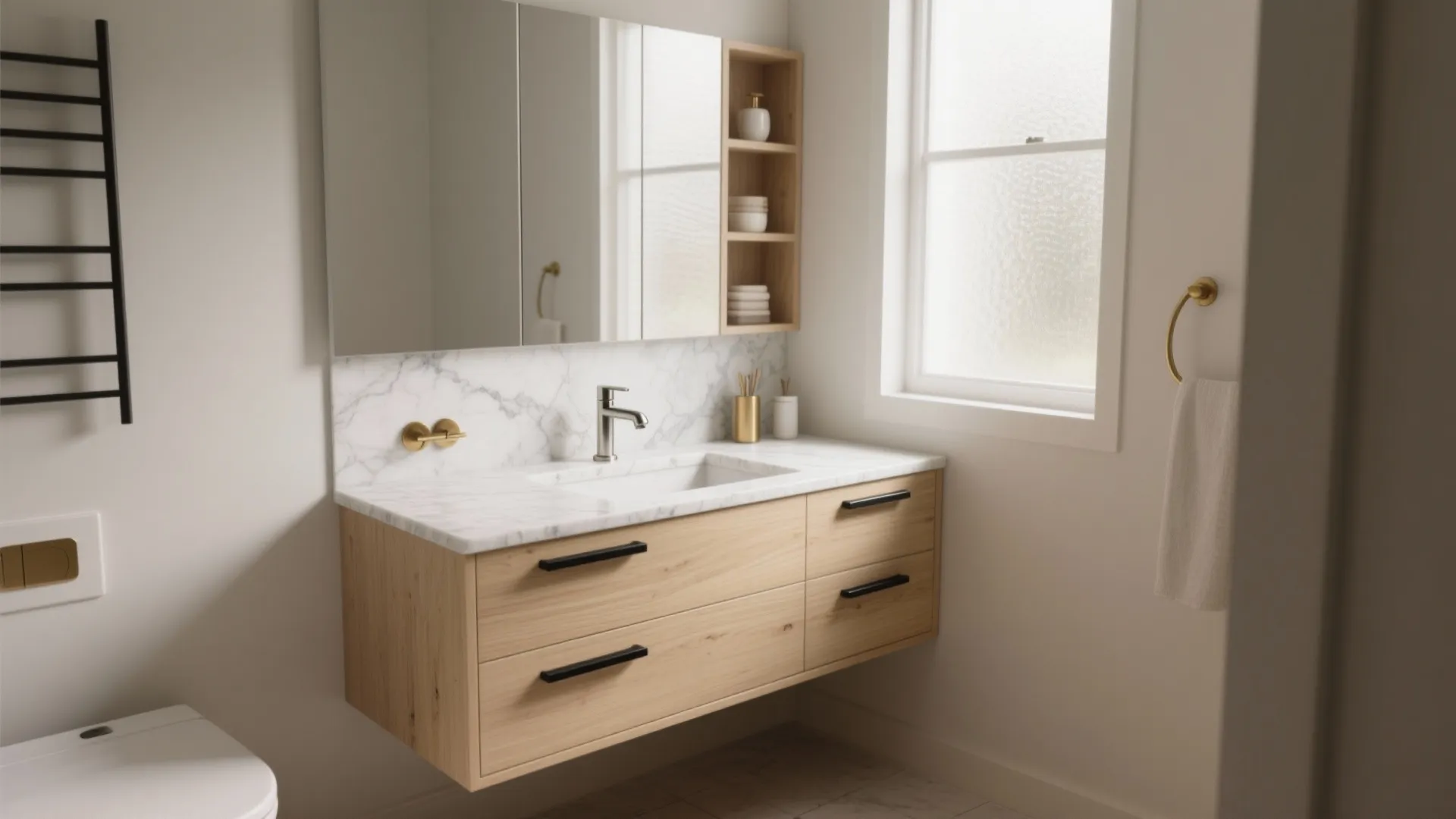 Modern bathroom vanity with wooden cabinets black handles marble top mirror and a bright window