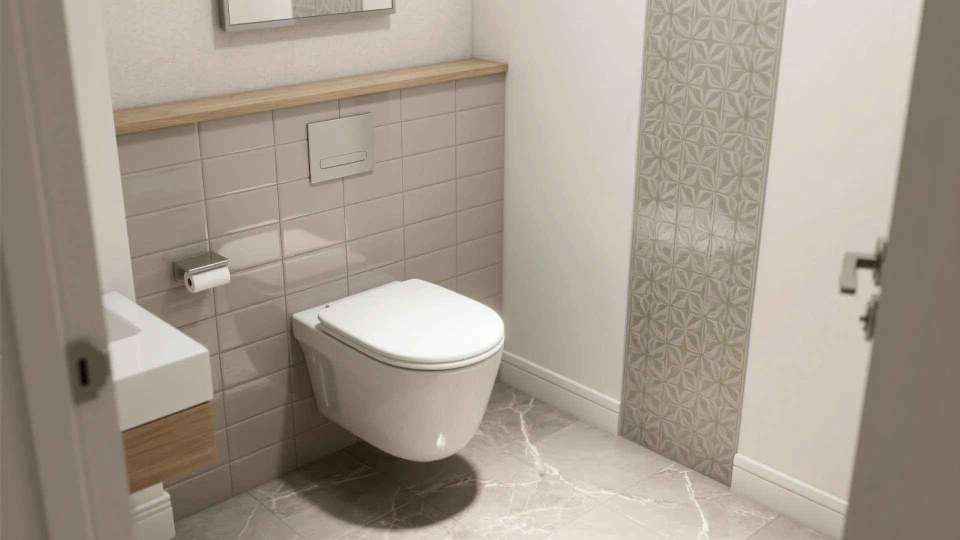 Modern bathroom interior design showing white toilet on tiled wall with marble floor and sink