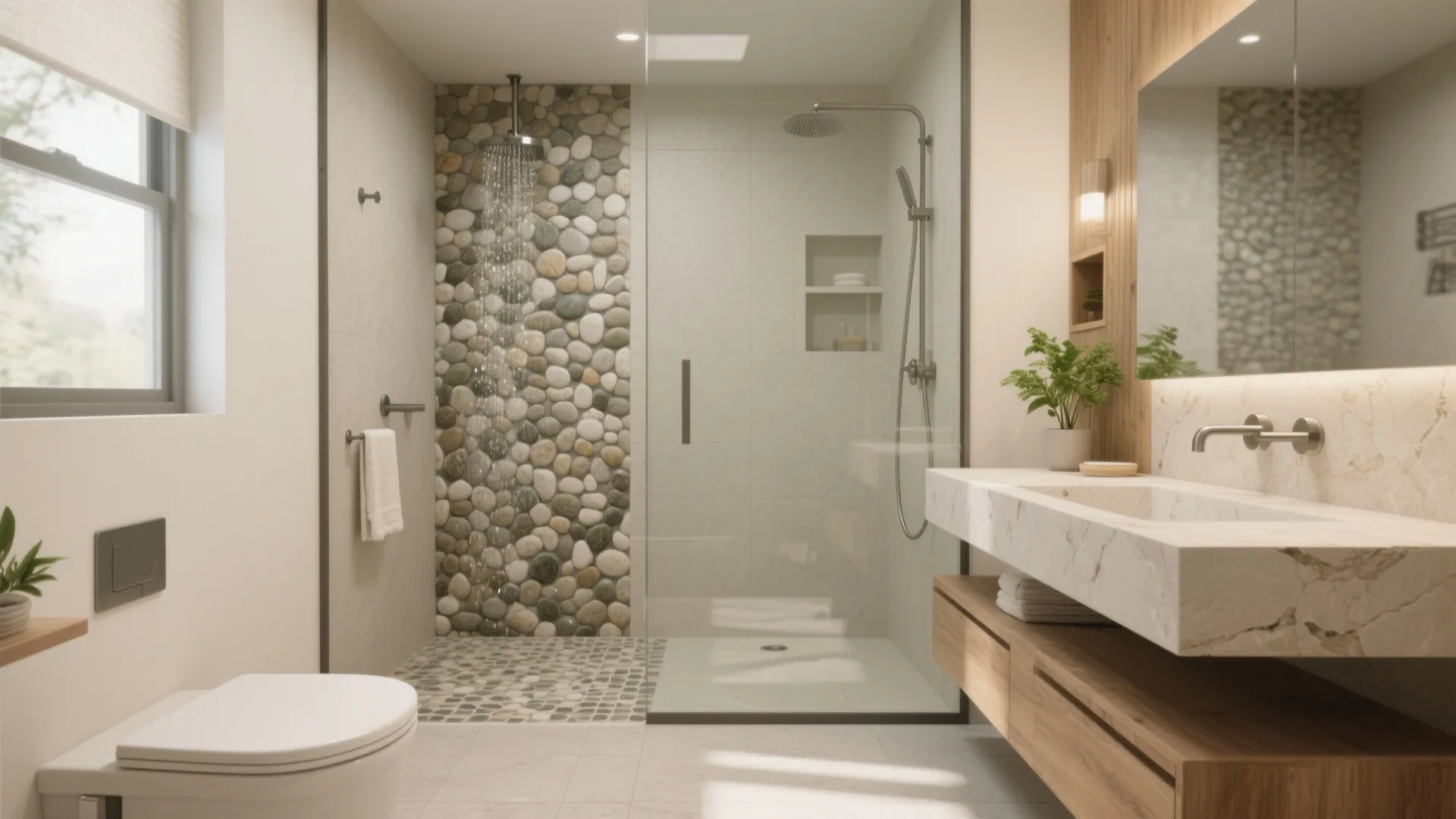 Modern bathroom interior design with pebble shower wall, glass door, marble sink, and wooden cabinets