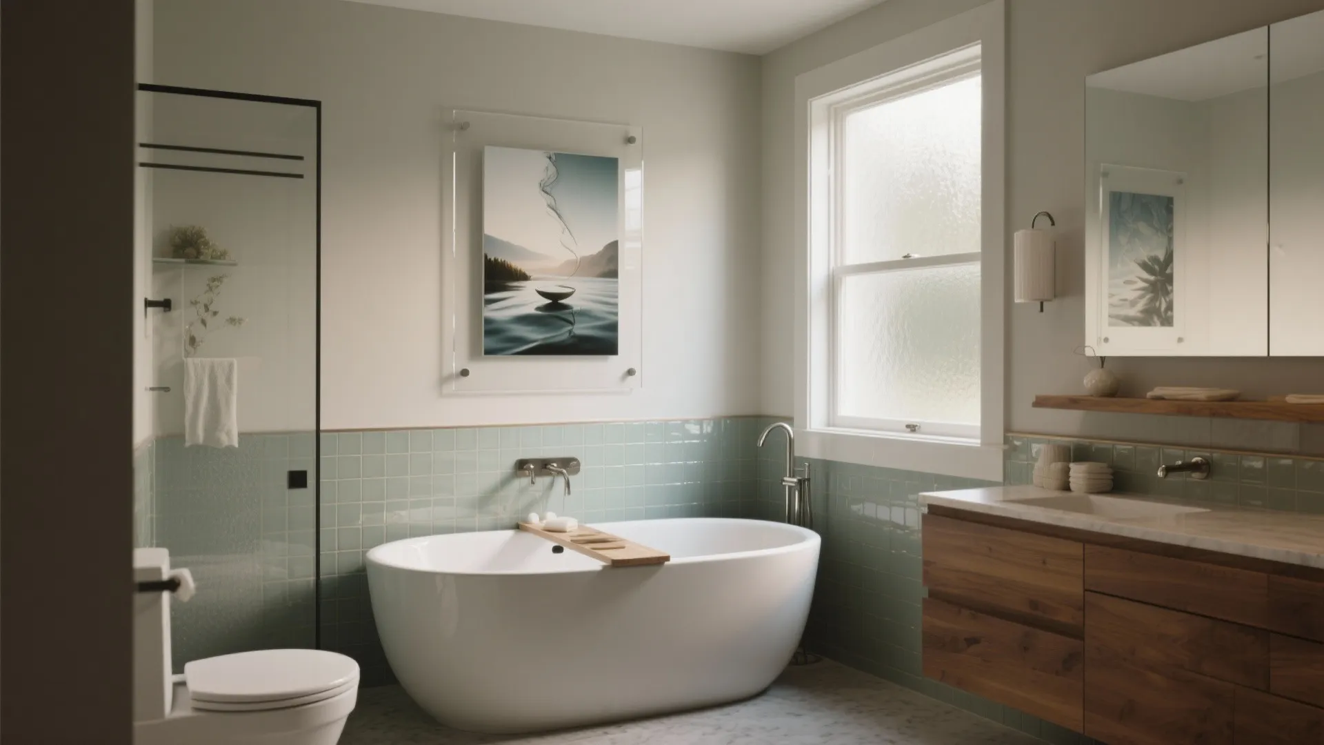 Contemporary bathroom with white bathtub green wall tiles wooden cabinet large window and wall art