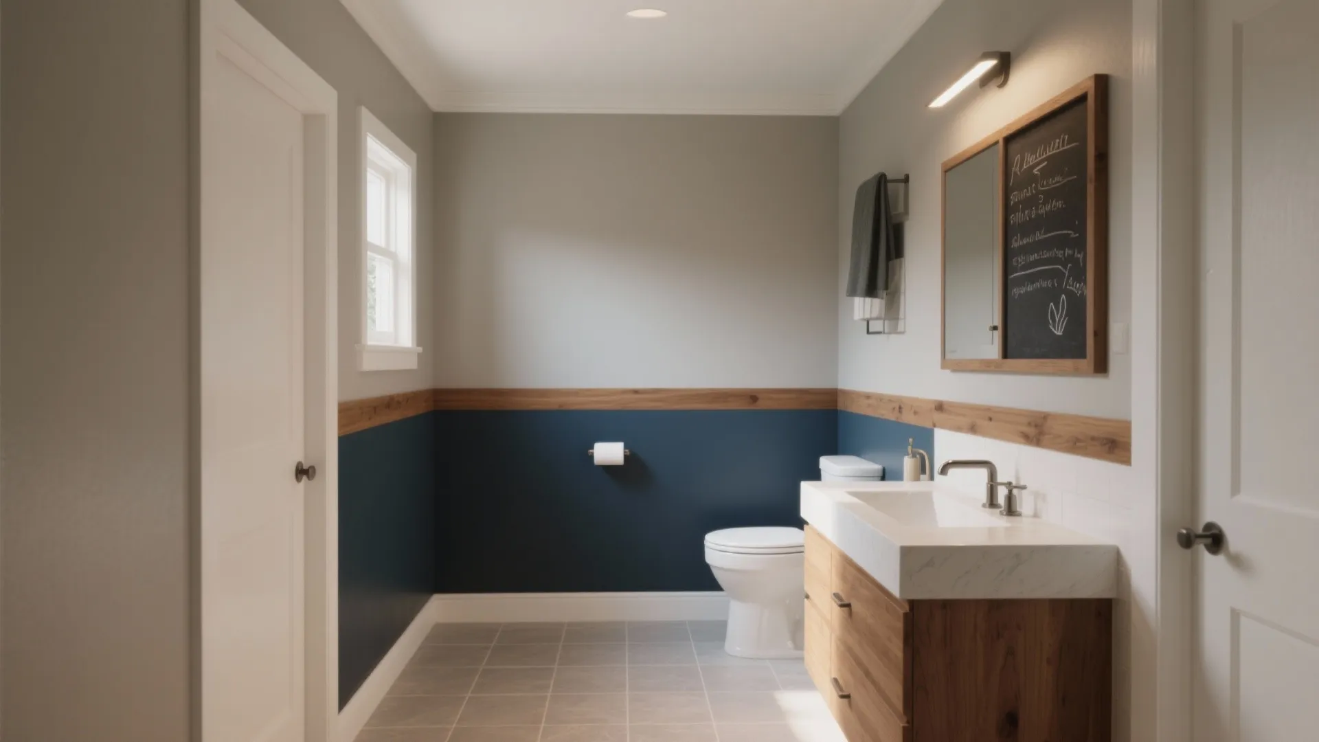 Spacious bathroom with blue and grey walls wooden paneling white toilet and wooden vanity cabinet