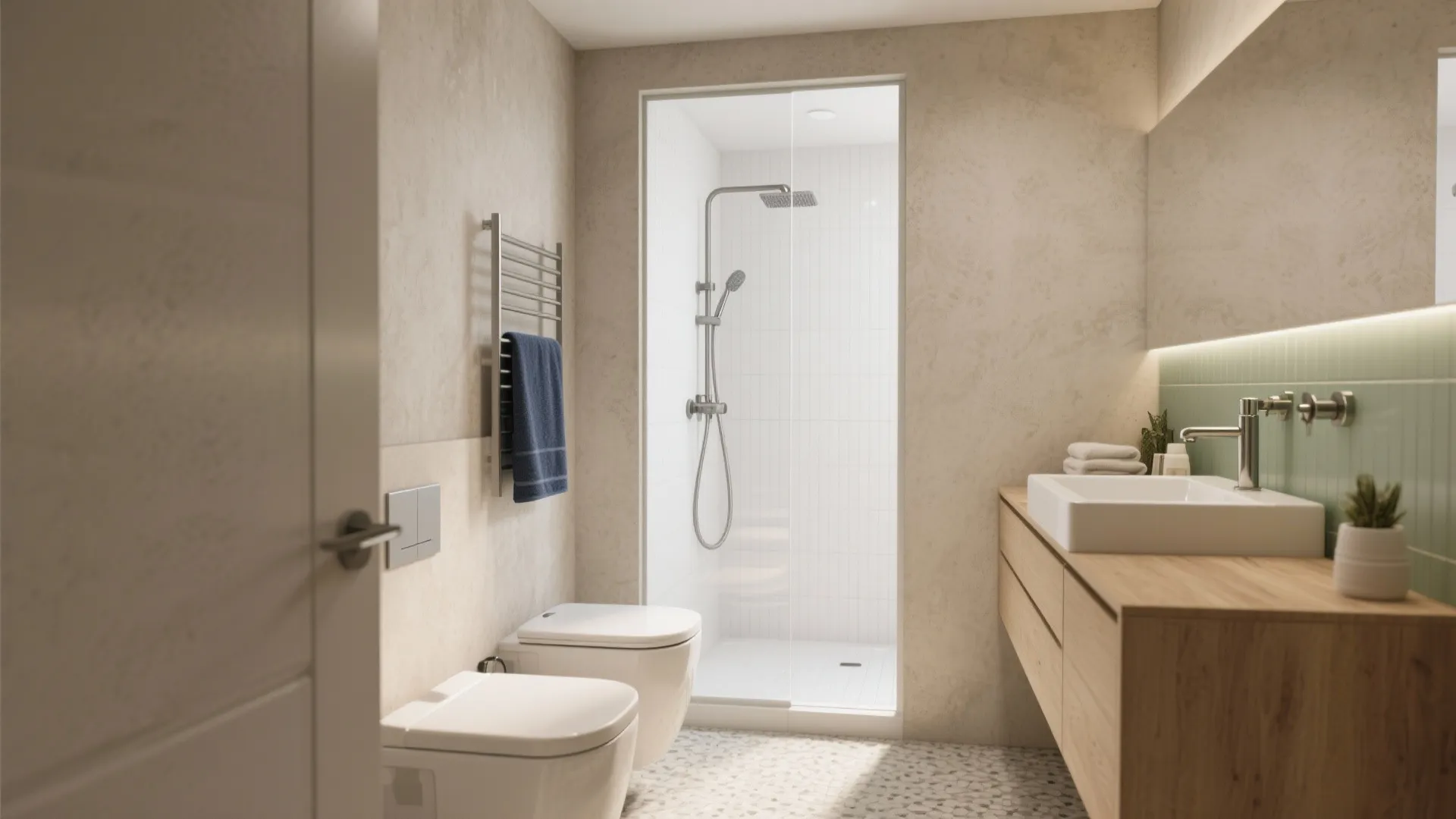 Modern bathroom with walk in shower wooden cabinet white sink toilet and beige wall tiles