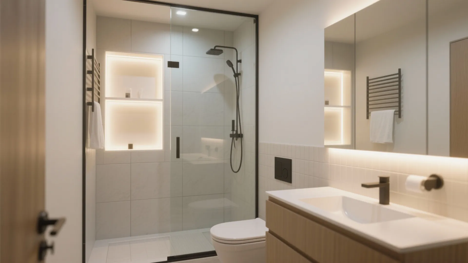Modern bathroom interior featuring integrated wall lighting and a glass door walk in shower area