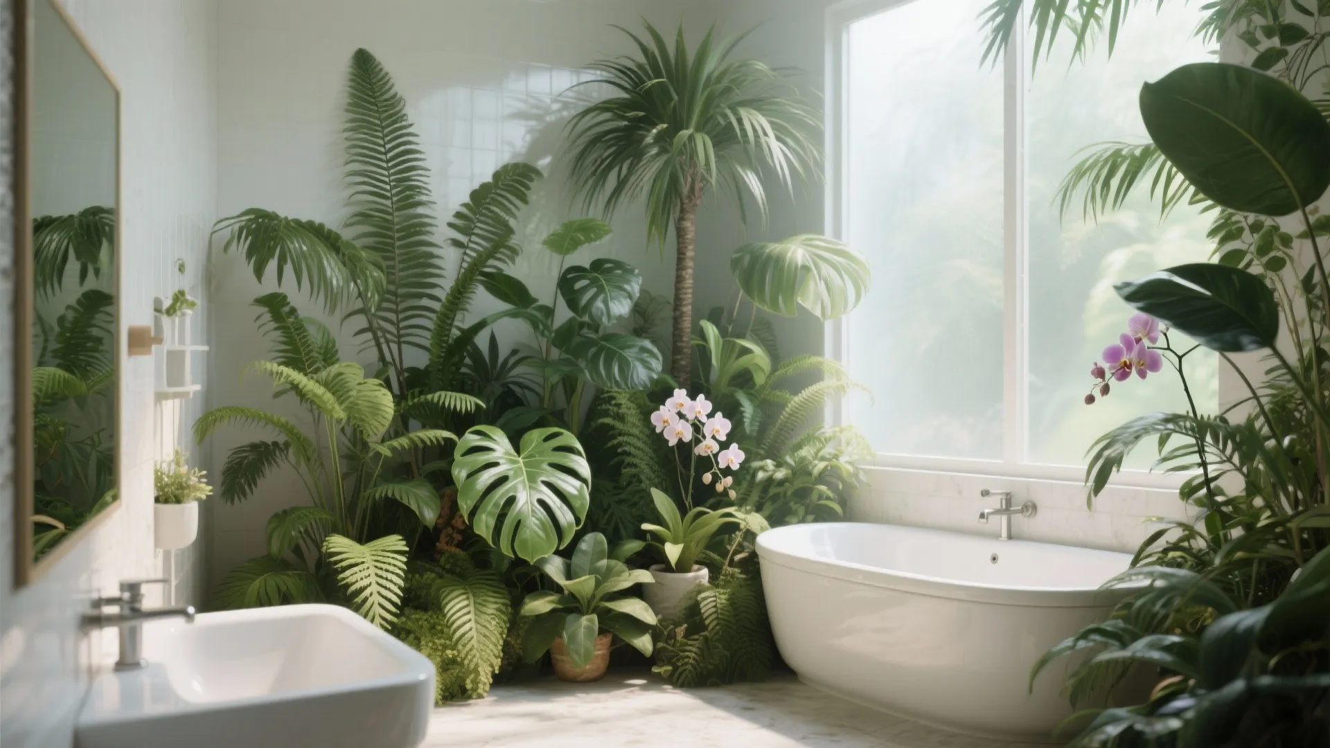 White bathtub surrounded by many green tropical plants and orchids next to a large bright window