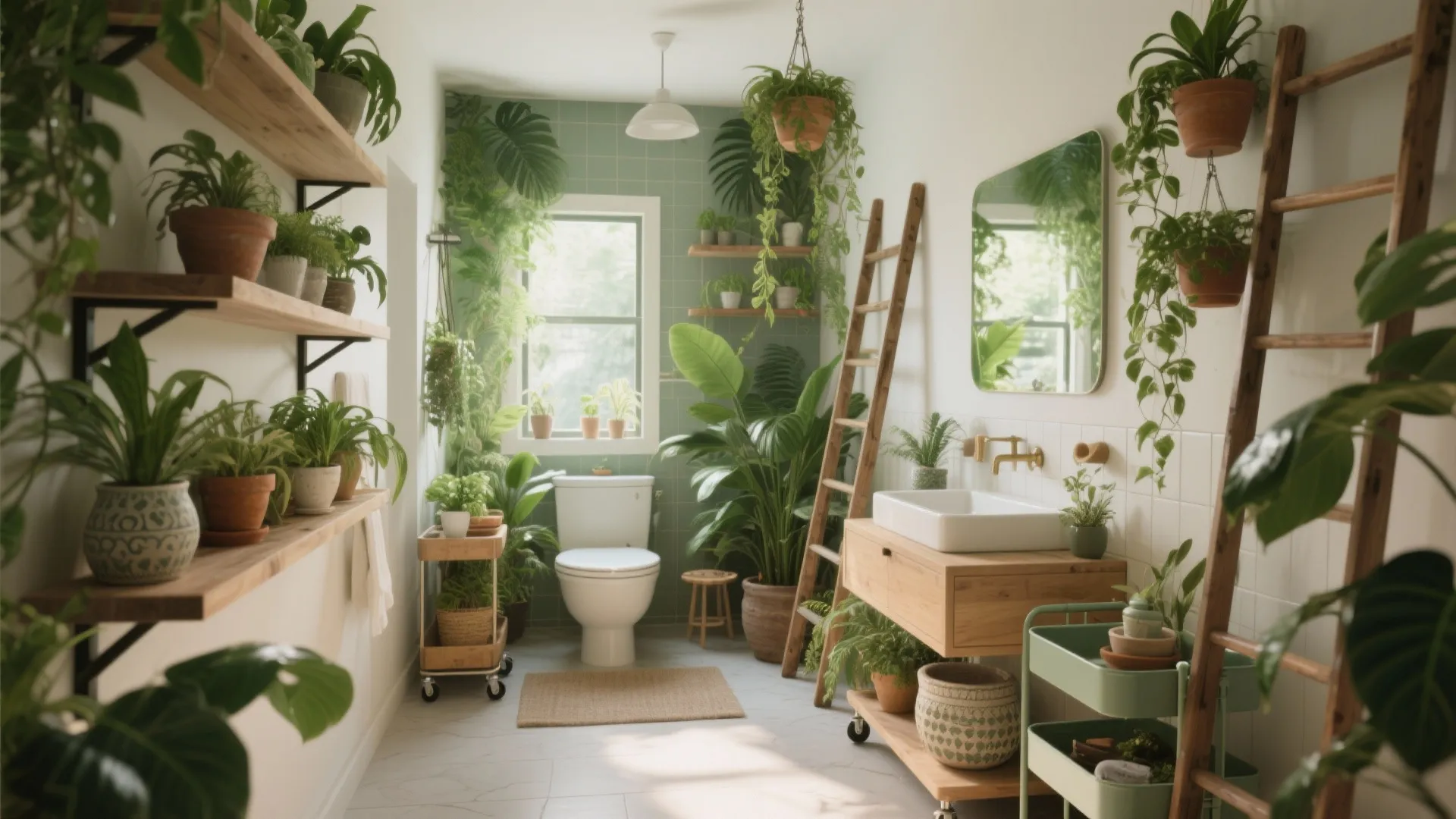 Bright bathroom interior design filled with green plants wood shelves white sink and wooden ladder