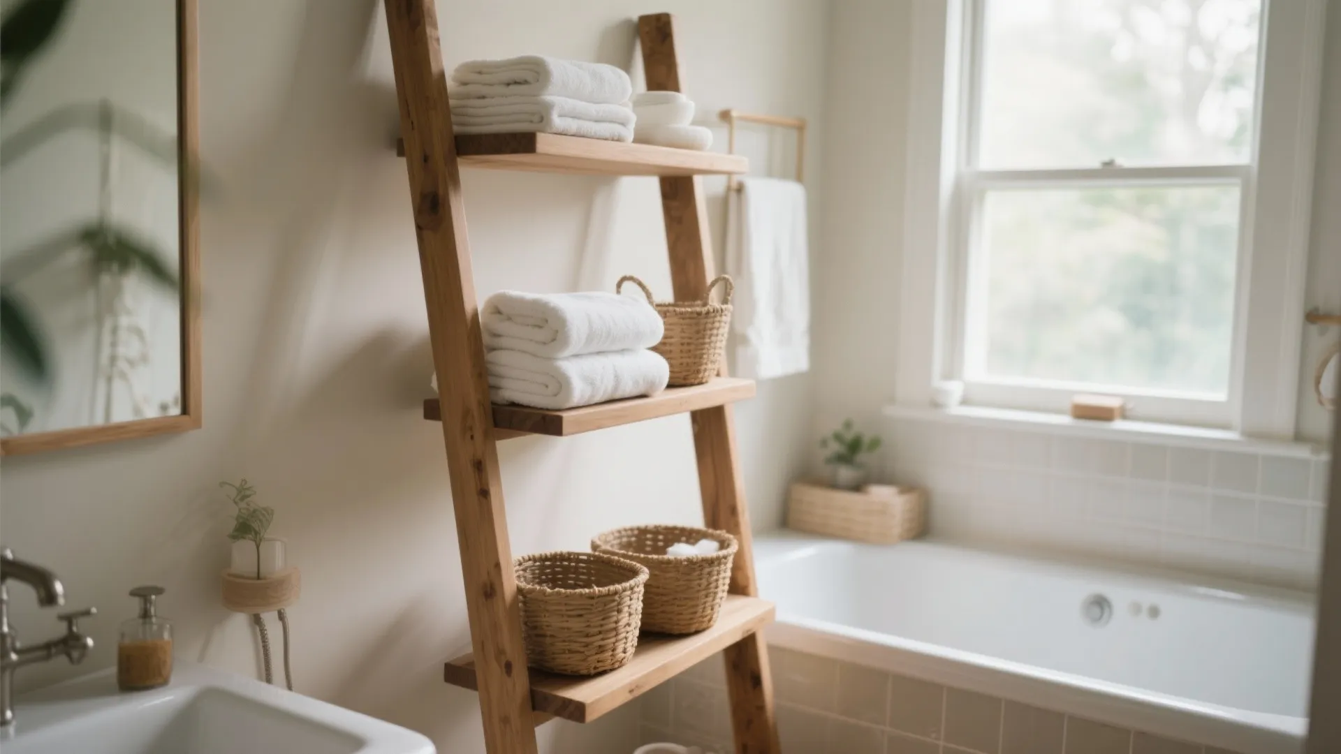 Wooden towel ladder rack holding white folded towels and woven baskets in a bright bathroom