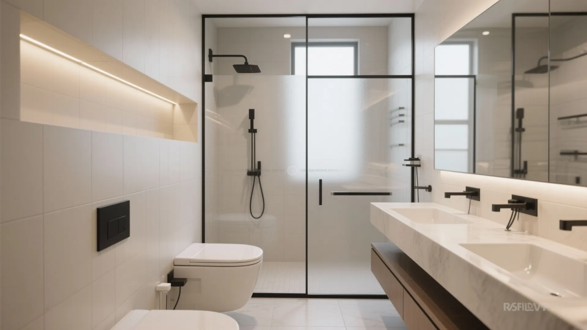 Modern white bathroom featuring double sink vanity toilet glass shower door and black wall lights