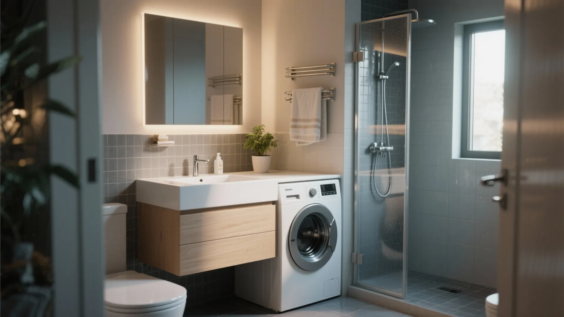 Ensuite bathroom with a compact washer-dryer under the vanity and moisture-resistant finishes.