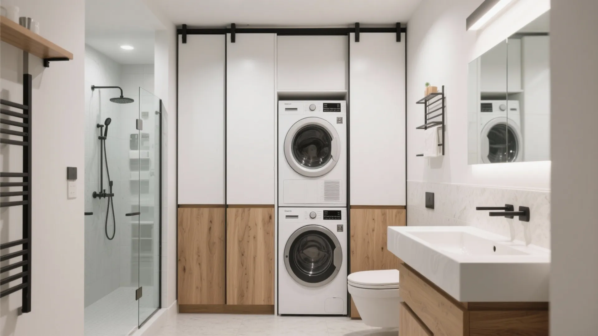 Small bathroom layout with white laundry machines wooden cabinets glass shower and white stone sink