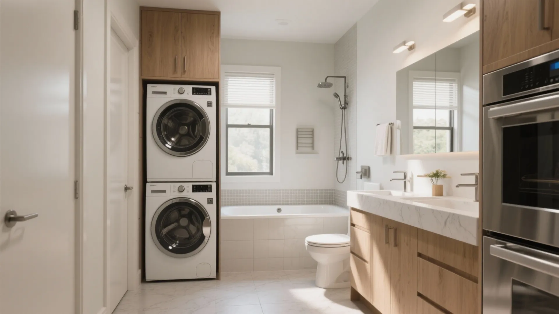 Modern bathroom featuring stacked washing machine and dryer next to a bathtub and wooden vanity