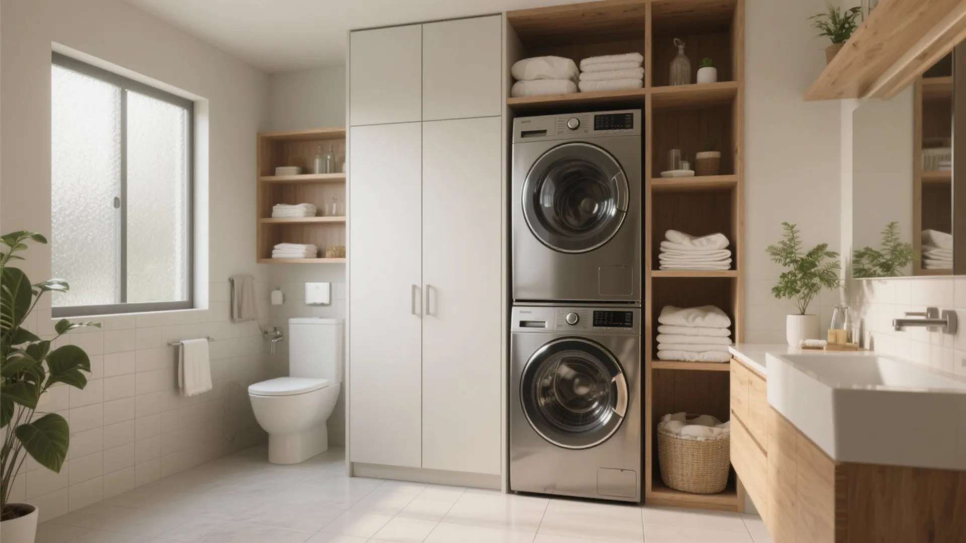 Bright modern bathroom with stacked silver laundry machines tall white cabinet wooden shelves and sink