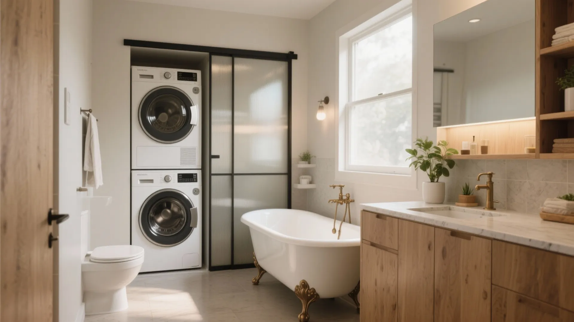 Bright bathroom featuring stacked washing machines beside a bathtub wood cabinet and large white framed window