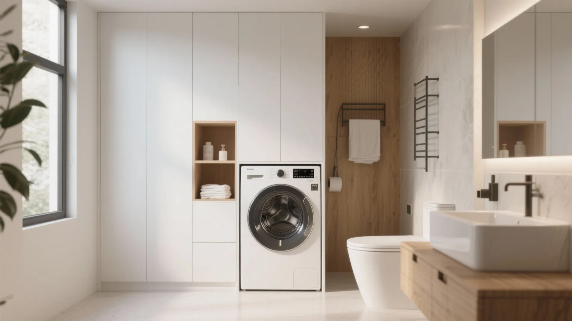 Modern bathroom design with white washing machine built into cabinet beside a wood vanity sink