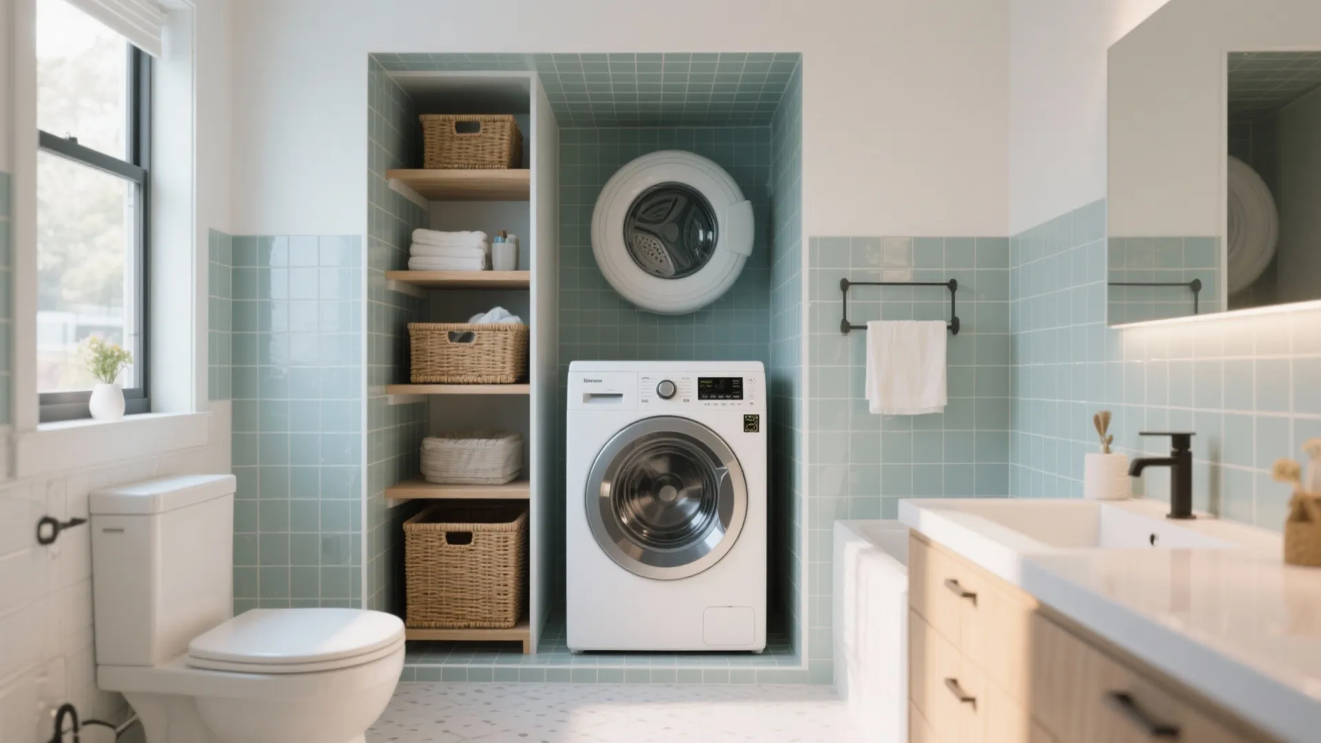 Bathroom alcove converted to laundry and storage area