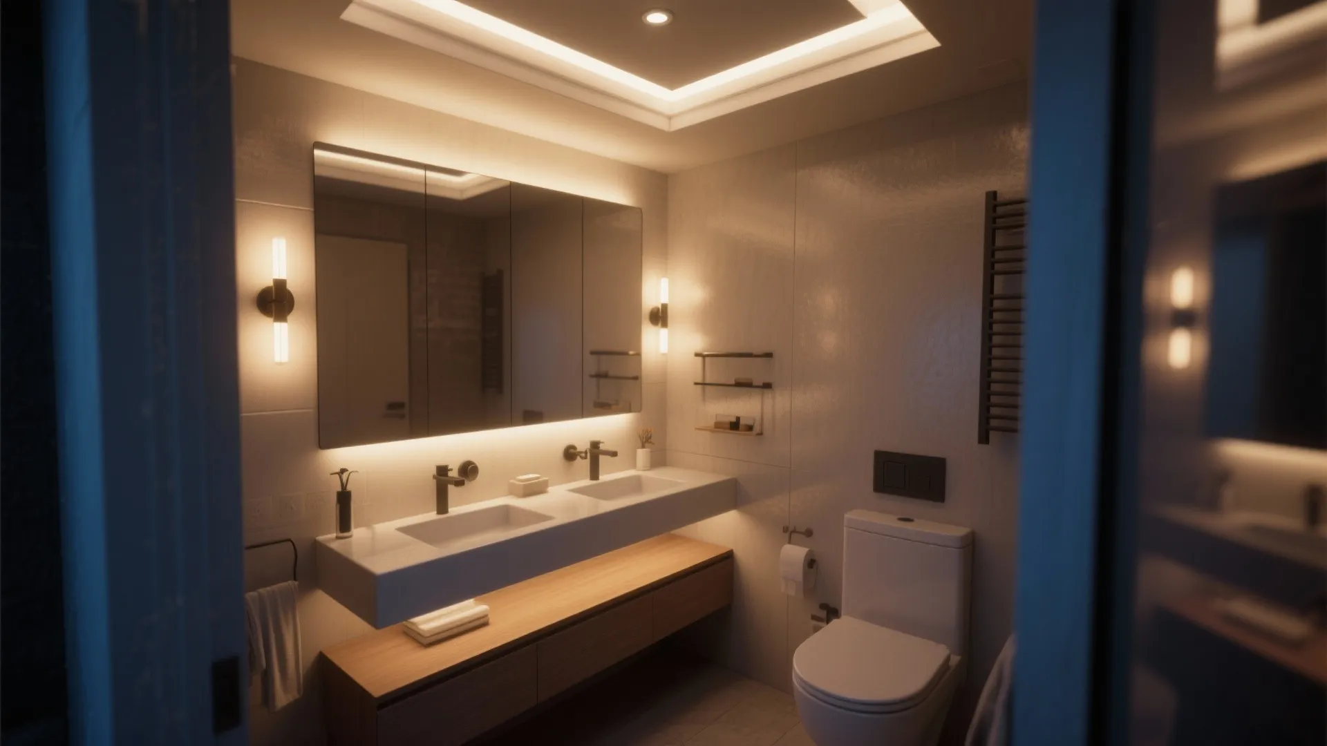 Modern bathroom with warm lighting featuring a double sink cabinet mirror and a white toilet