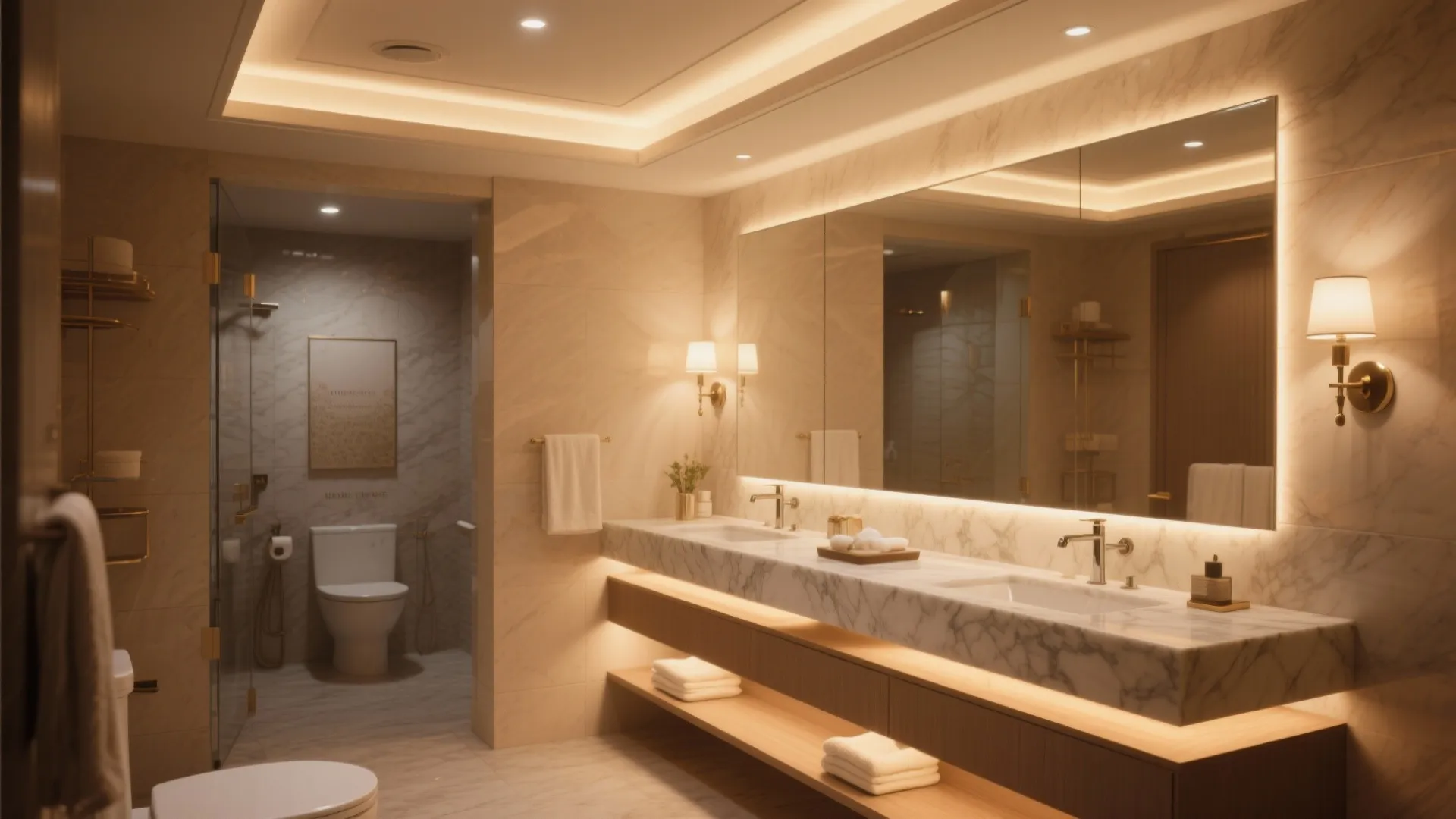 Modern luxury bathroom with double marble sink vanity backlit mirror wall lights and warm lighting